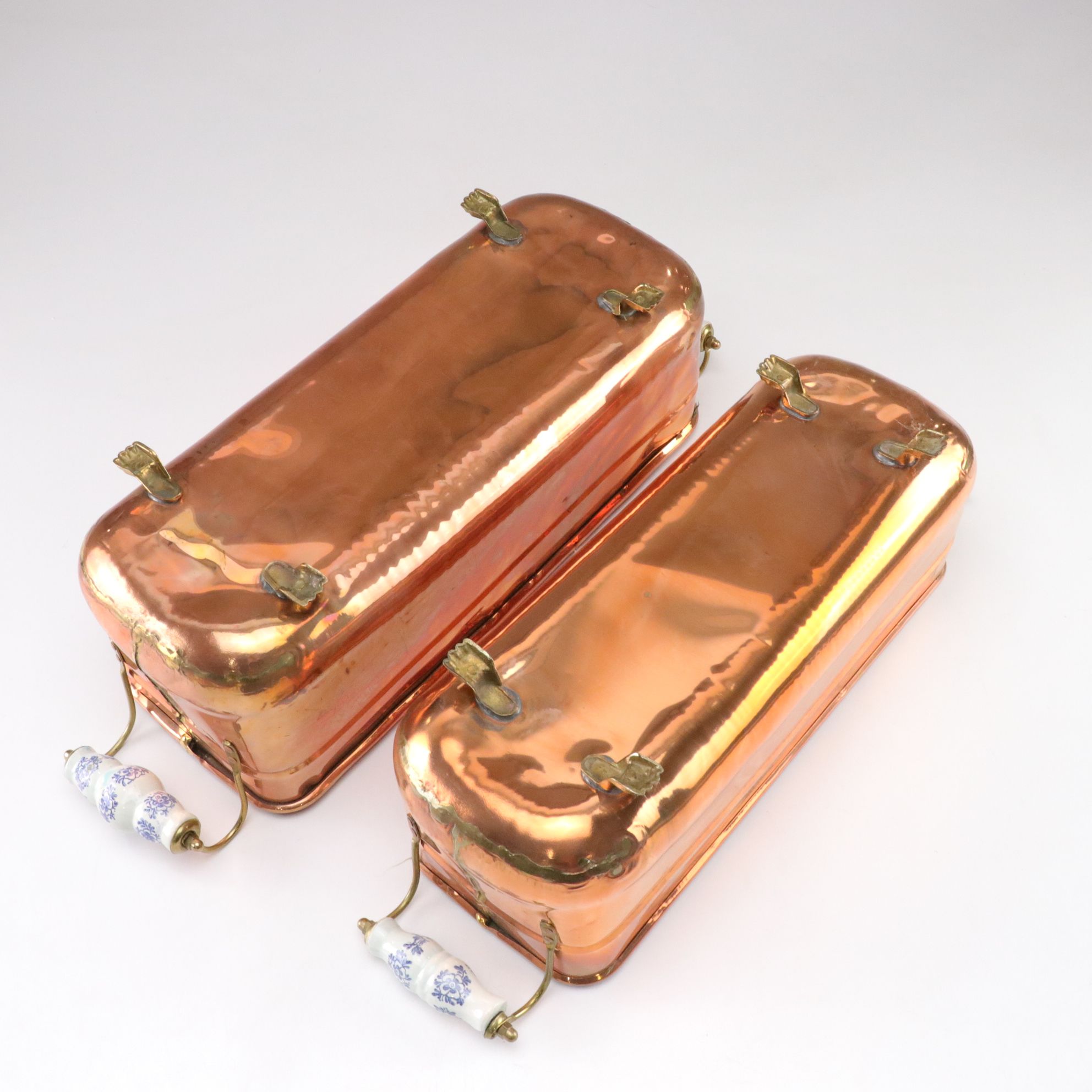 Nesting Copper and Brass Footed Planters with Dutch Style Ceramic Handles