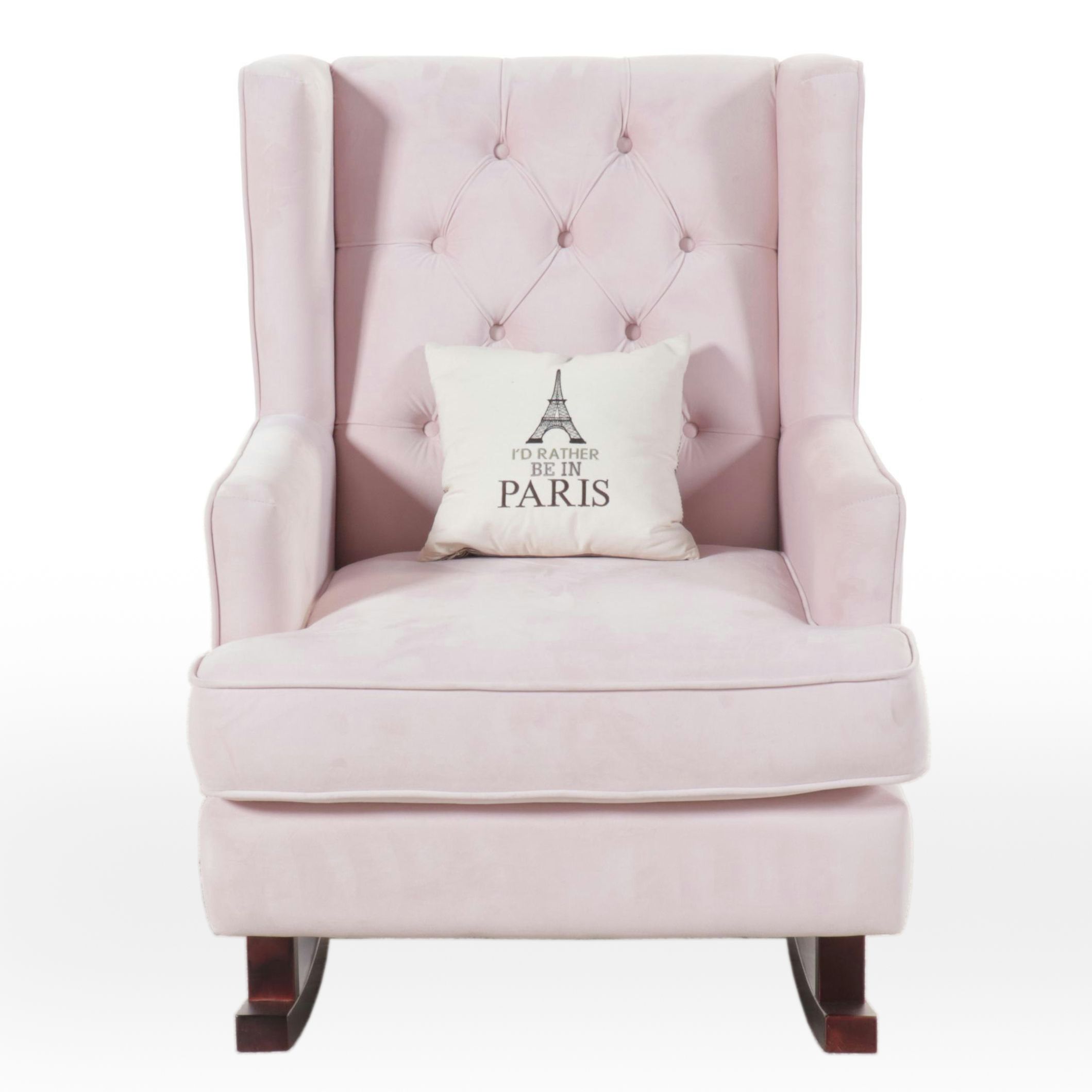Pink Button-Tufted Rocking Chair with Paris Throw Pillow