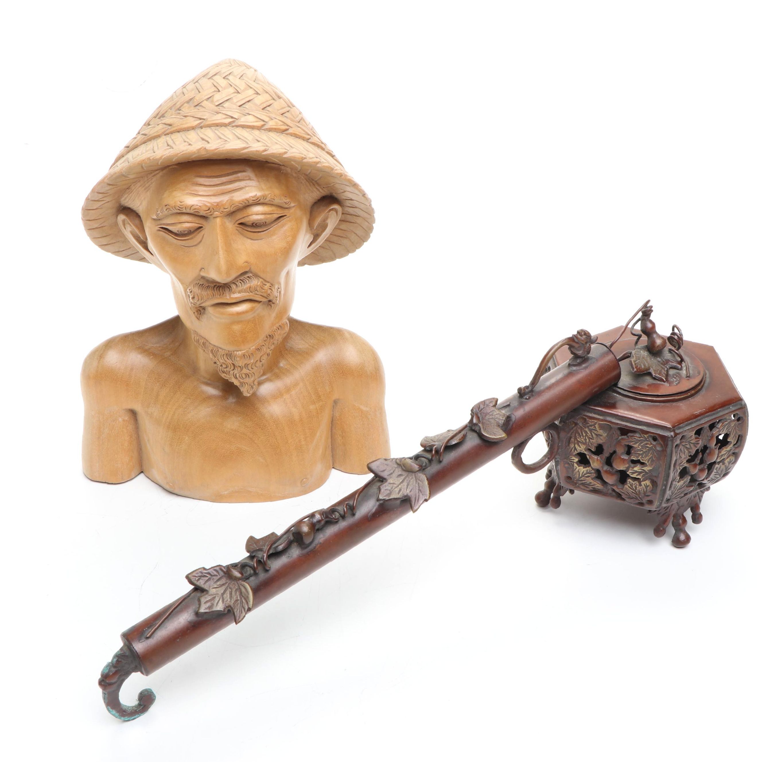 Thai Carved Wood Male Bust Figure with Other Metal Foliage Candle Holder