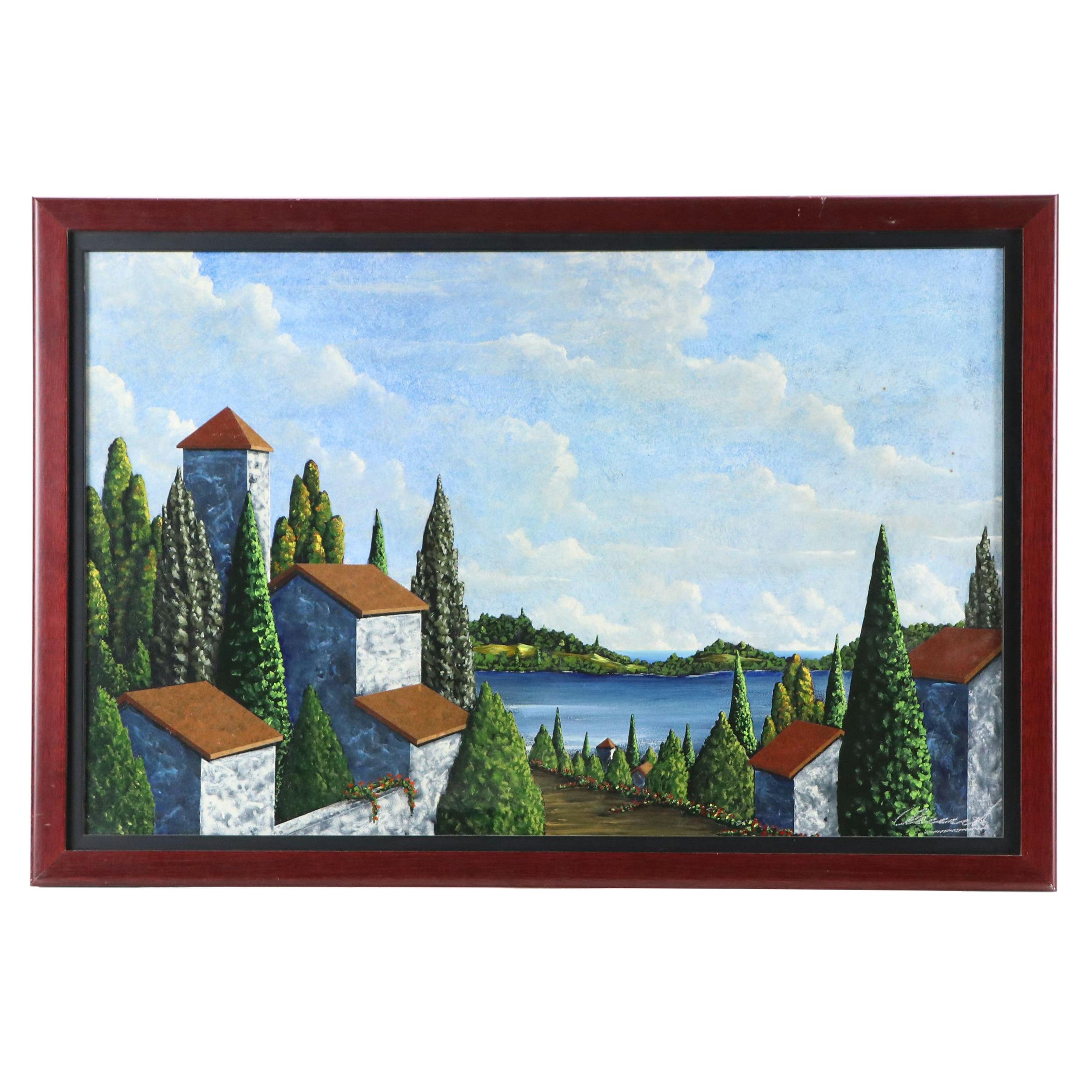 Riccardo Clementi Acrylic Painting "Across the Bay," Late 20th Century