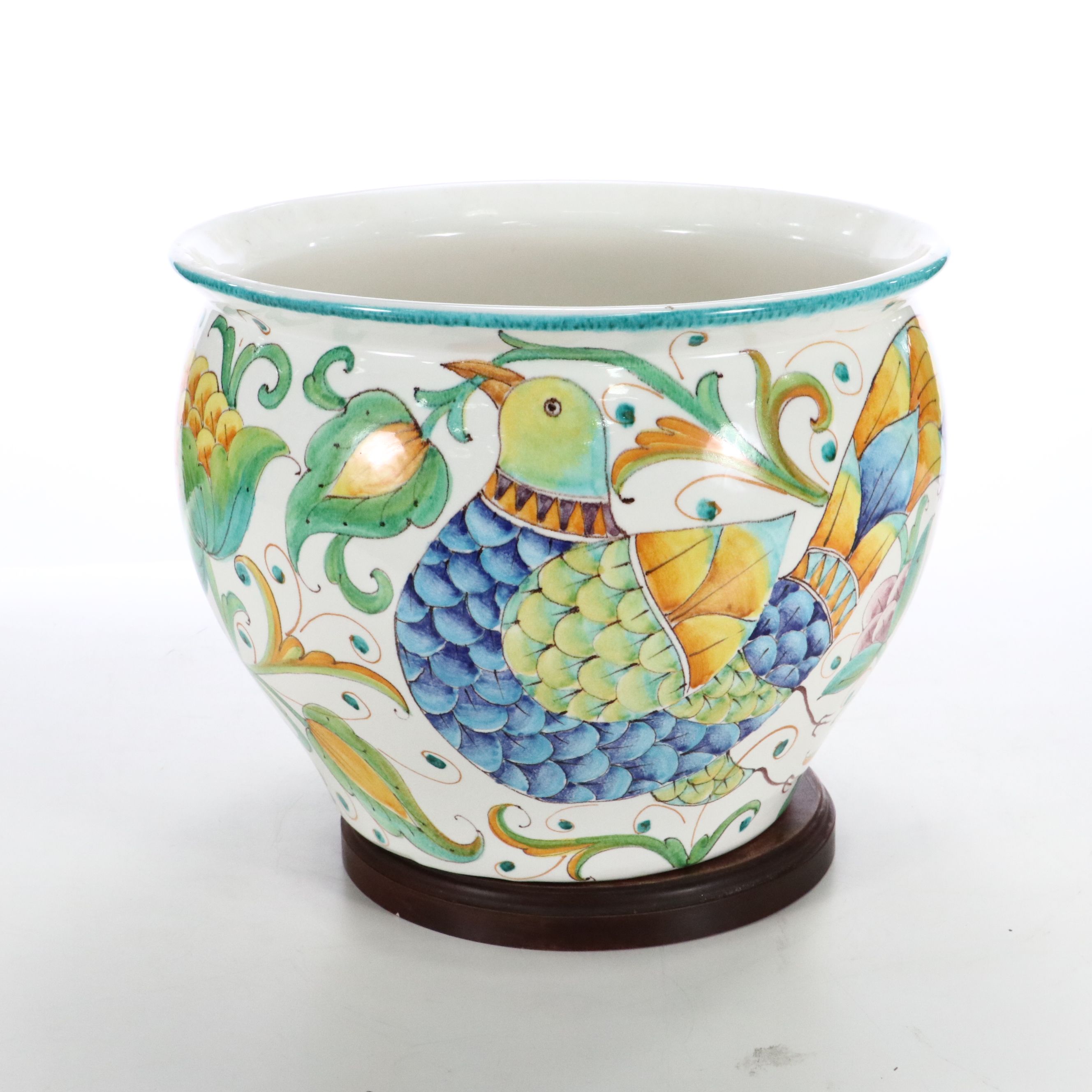 Italian Majolica Planters on Wooden Bases