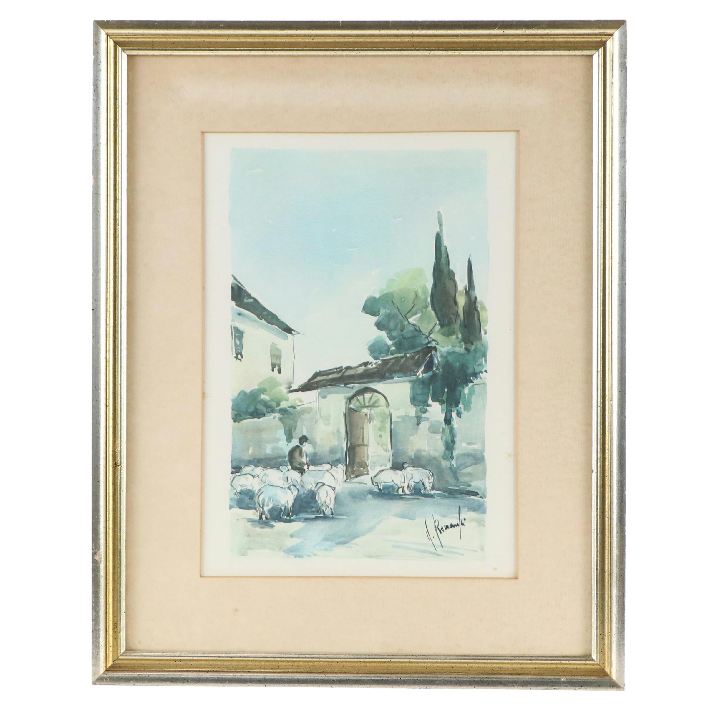Offset Lithograph of Mediterranean Village Scene, Mid-20th Century