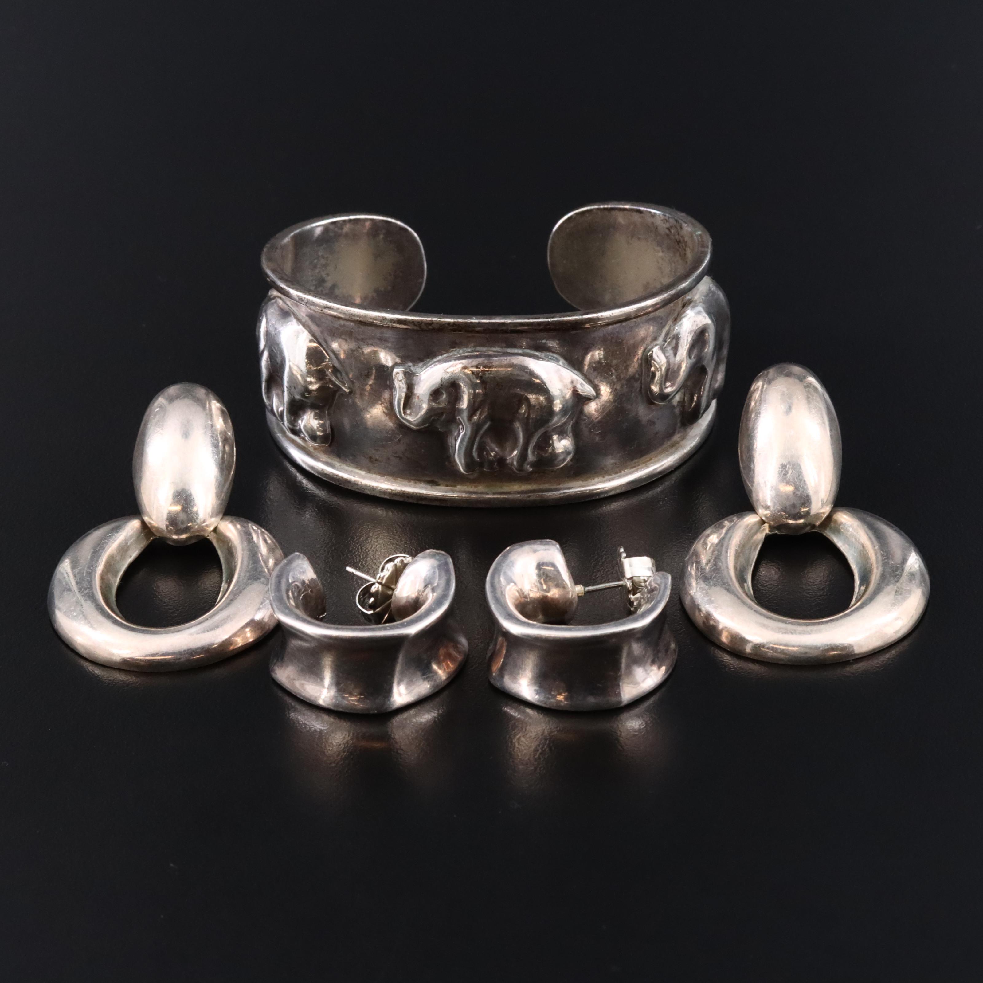 Sterling Cuff and Door-Knocker Earrings with Electroformed Hoop Earrings