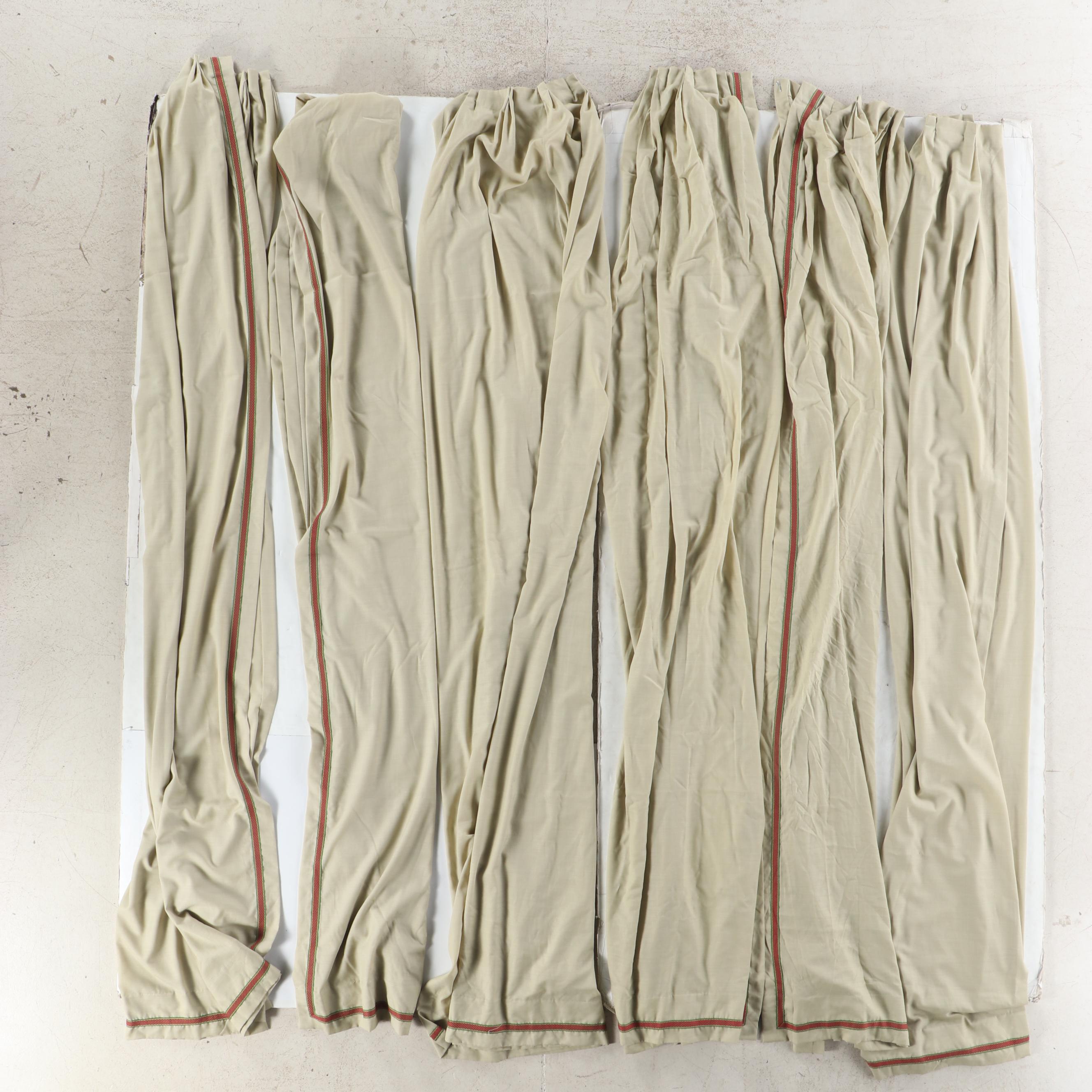 Custom Curtain Panels with Red Woven Trim & Rope Tiebacks