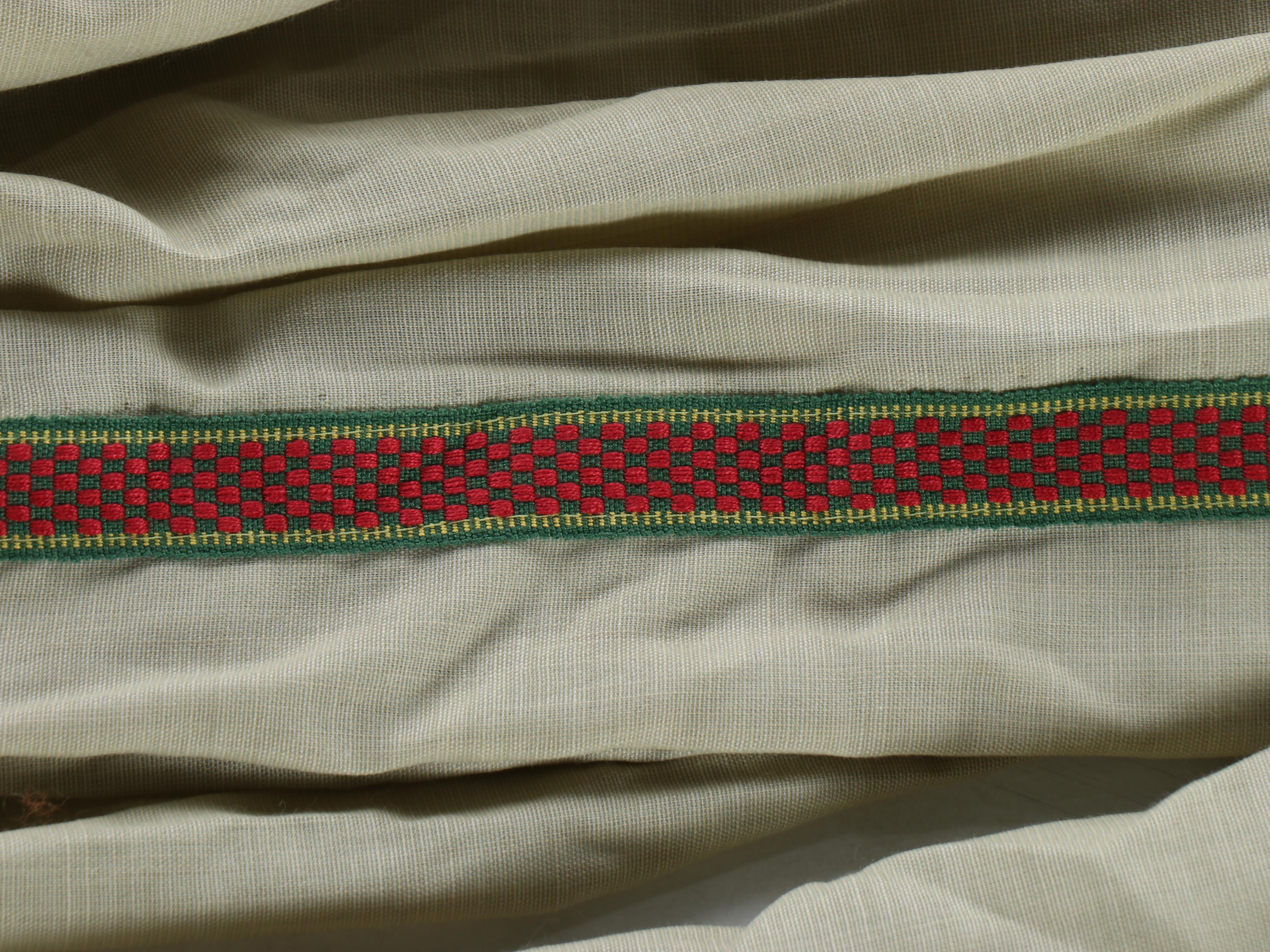 Custom Curtain Panels with Red Woven Trim & Rope Tiebacks