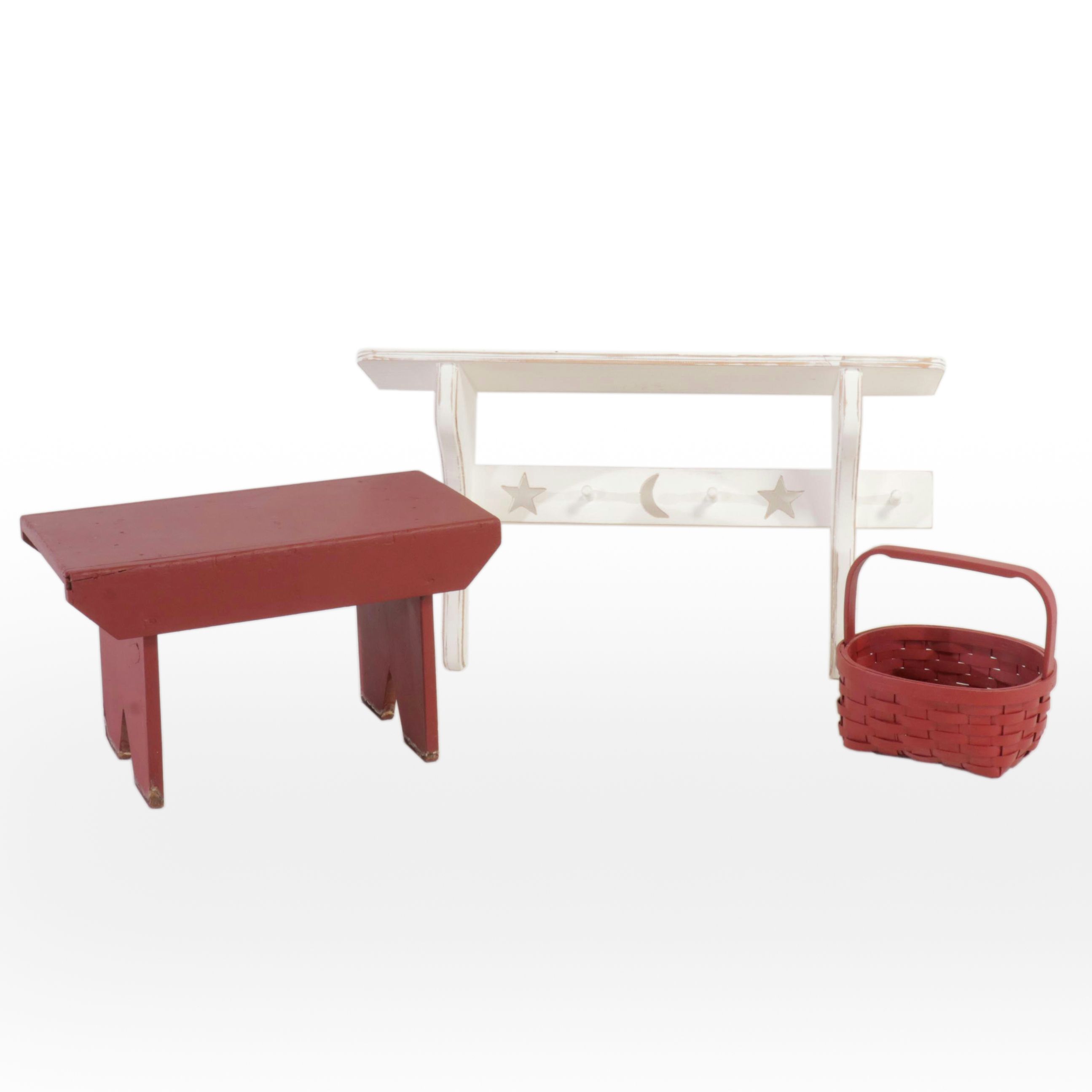 Shaker Style Red Painted Footstool with Decorative Shelf and Basket