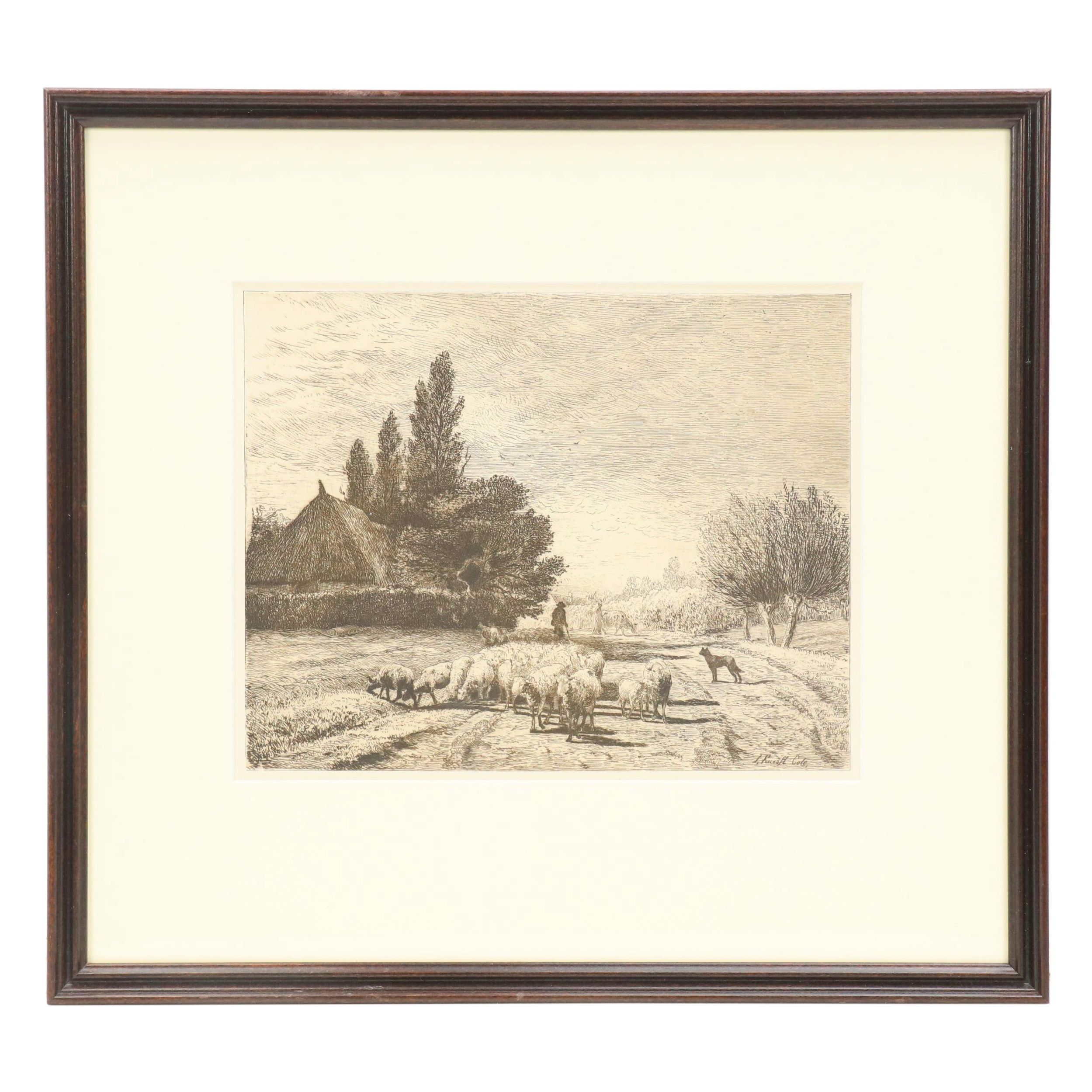 Joseph Foxcroft Cole Etching "Village Street in France," Circa 1866