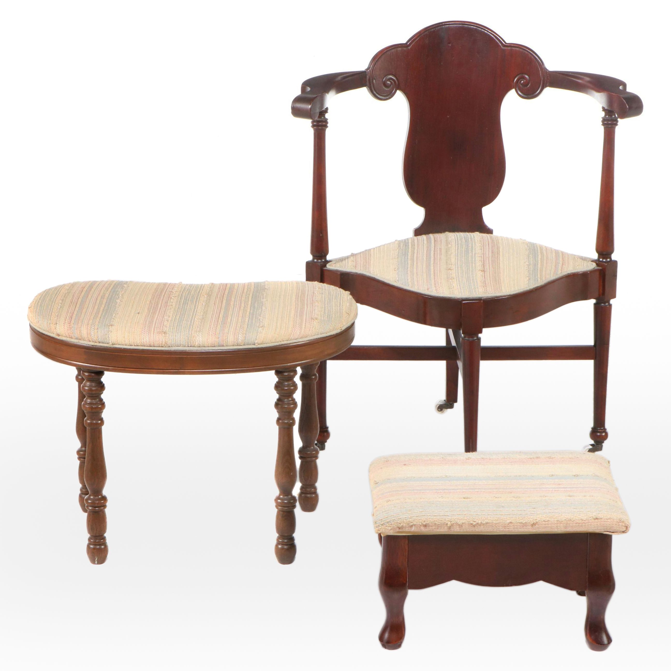 Late Victorian Mahogany Corner Chair with Footstools