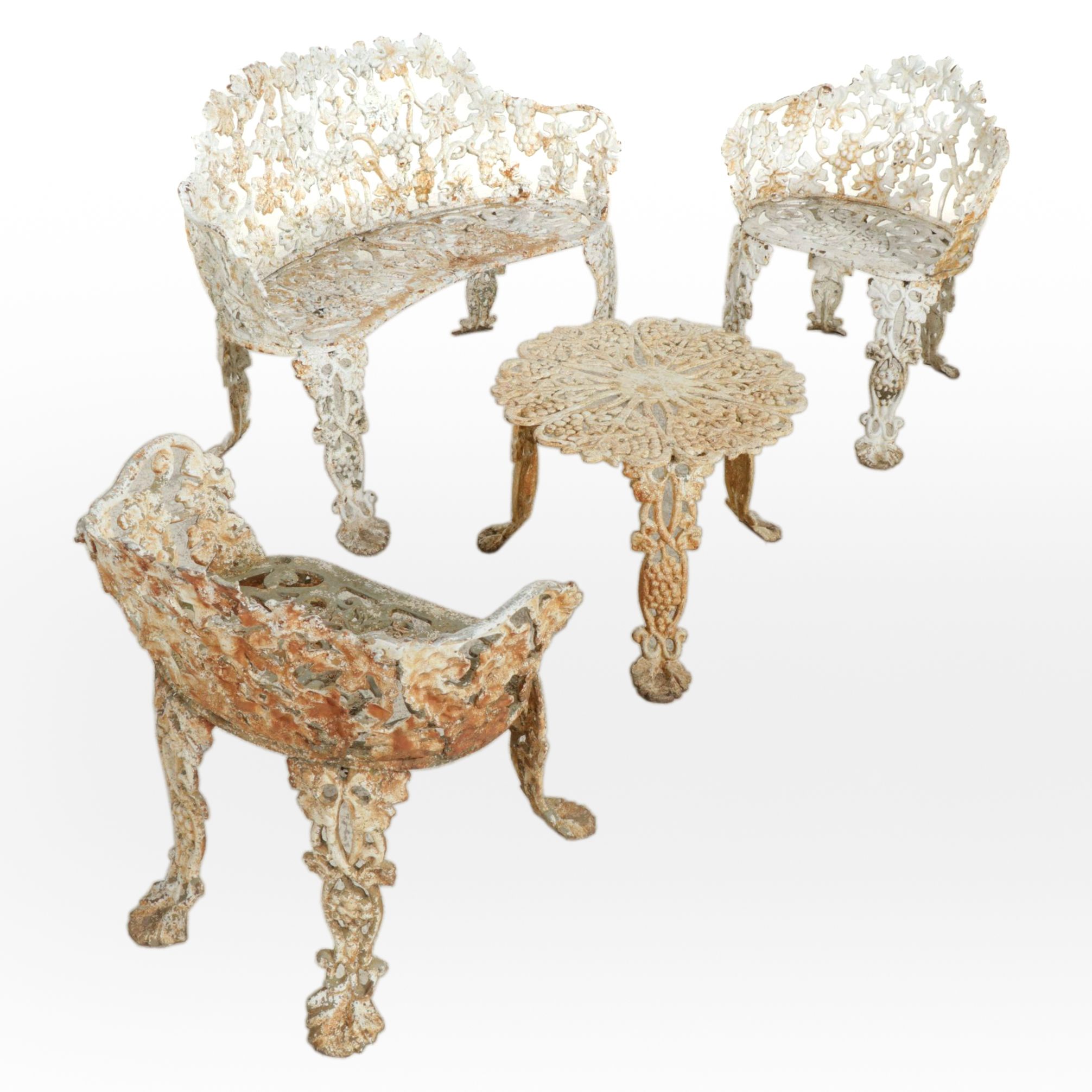 Victorian Grape Vine Painted Cast Iron Garden Loveseat, Chairs and Table