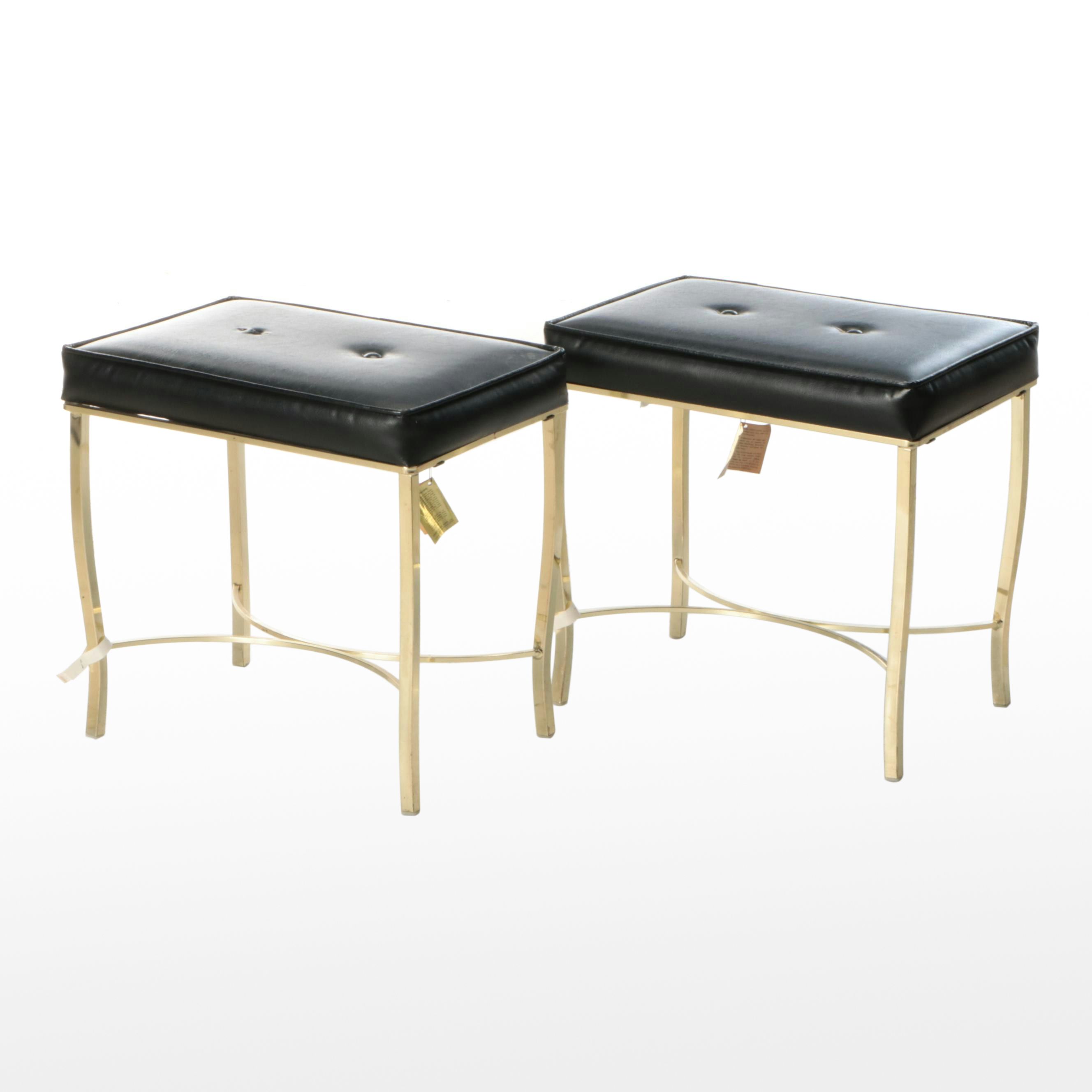Pair of Koch Mid Century Modern Style Brass and Faux Leather Stools
