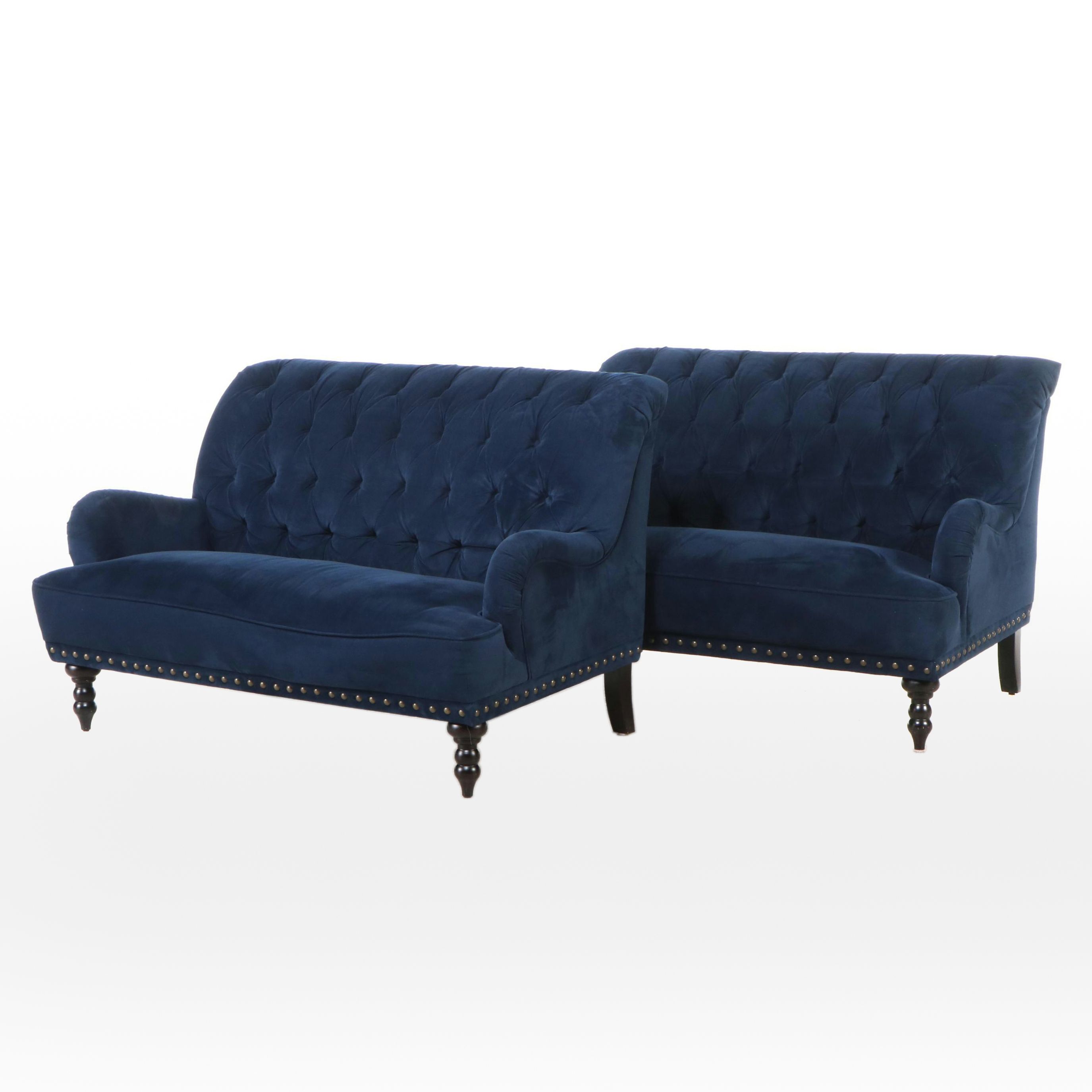 Pair of Pier 1 Blue Velvet Settees with Nailhead Trim