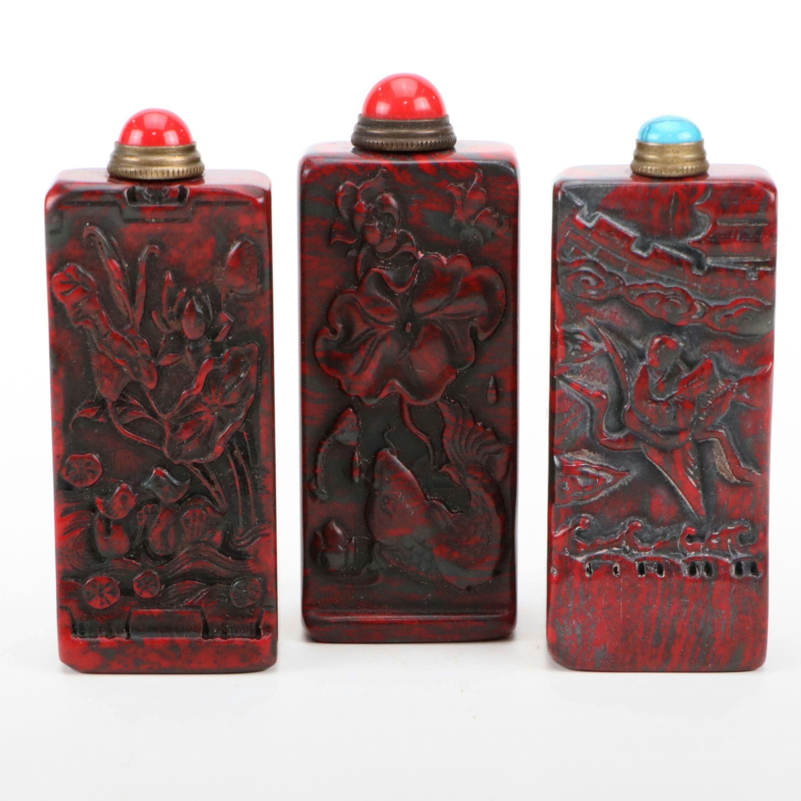 Chinese Carved Jasper Snuff Bottles with Turquoise and Glass Lids
