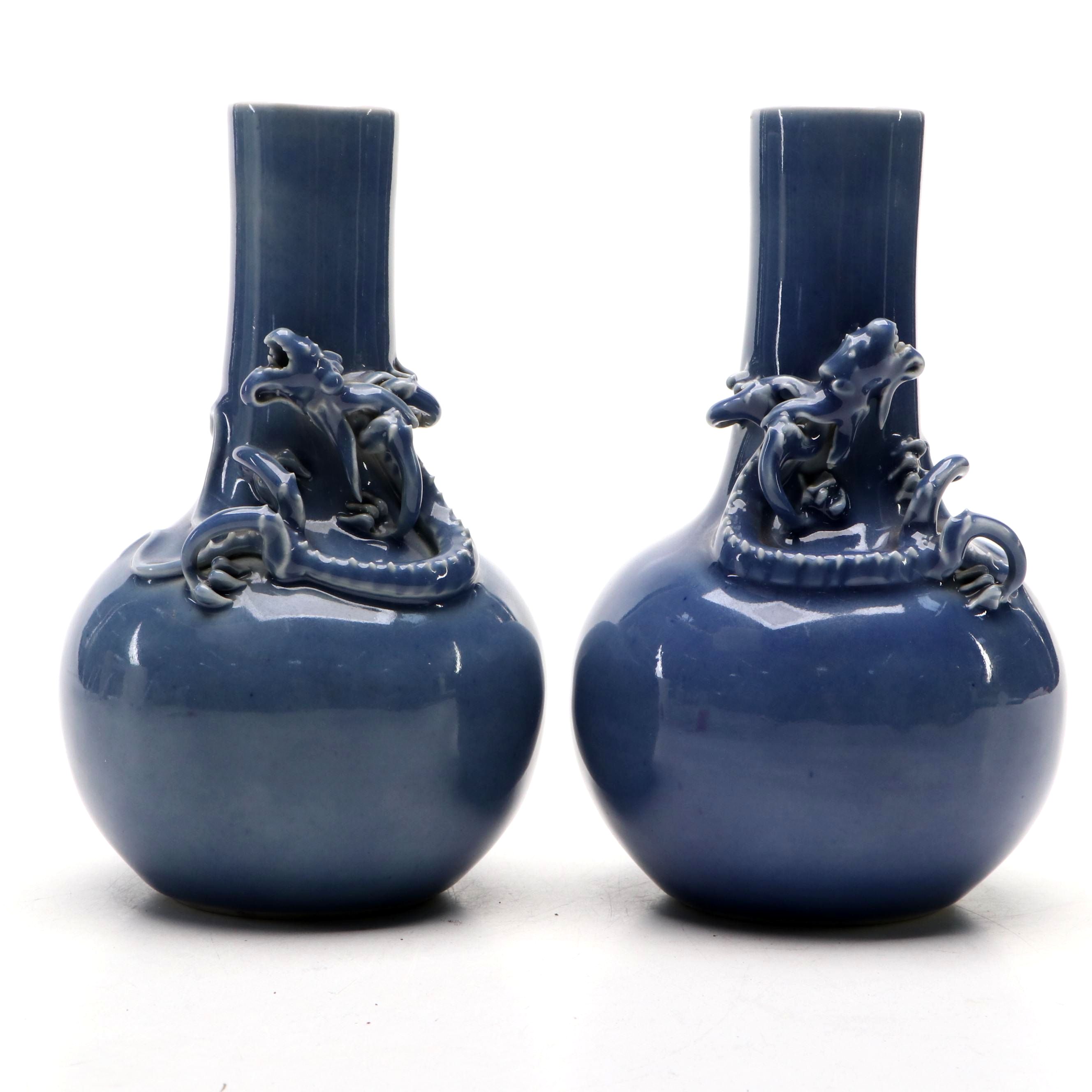 Pair of Chinese Blue Ceramic Dragon Vases