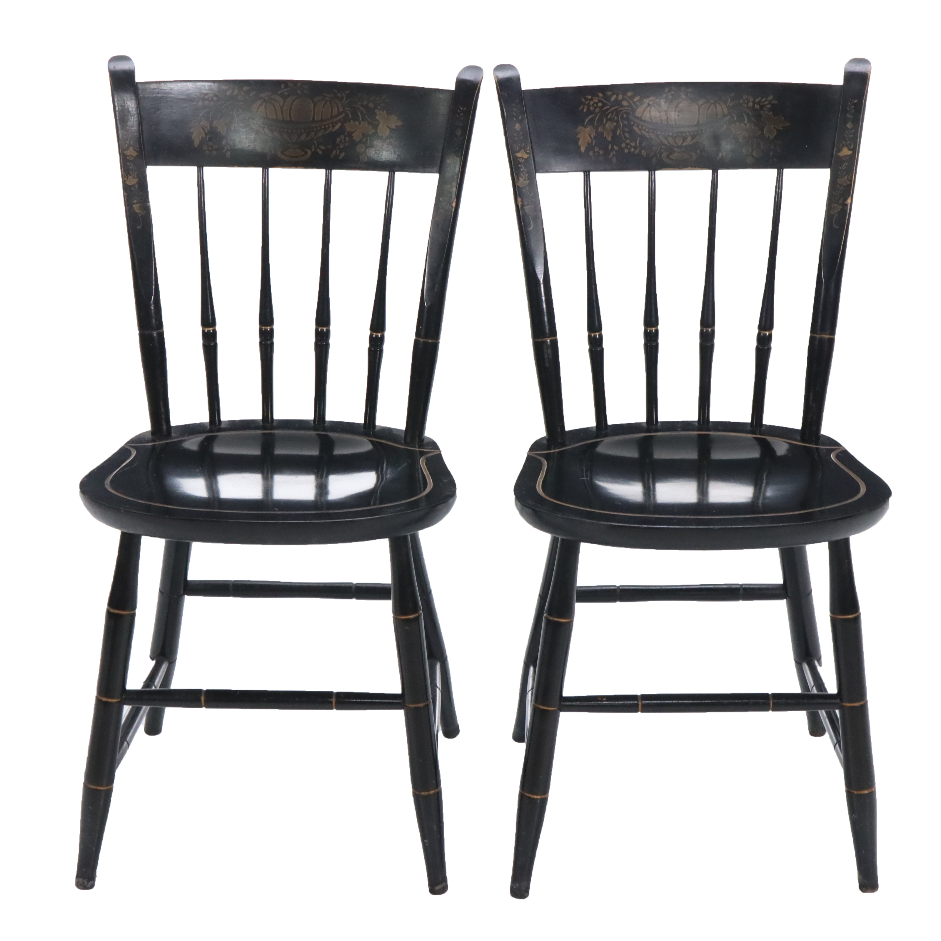 Pair of Nichols & Stone Painted Wood Spindle Back Hand-Stenciled Chairs