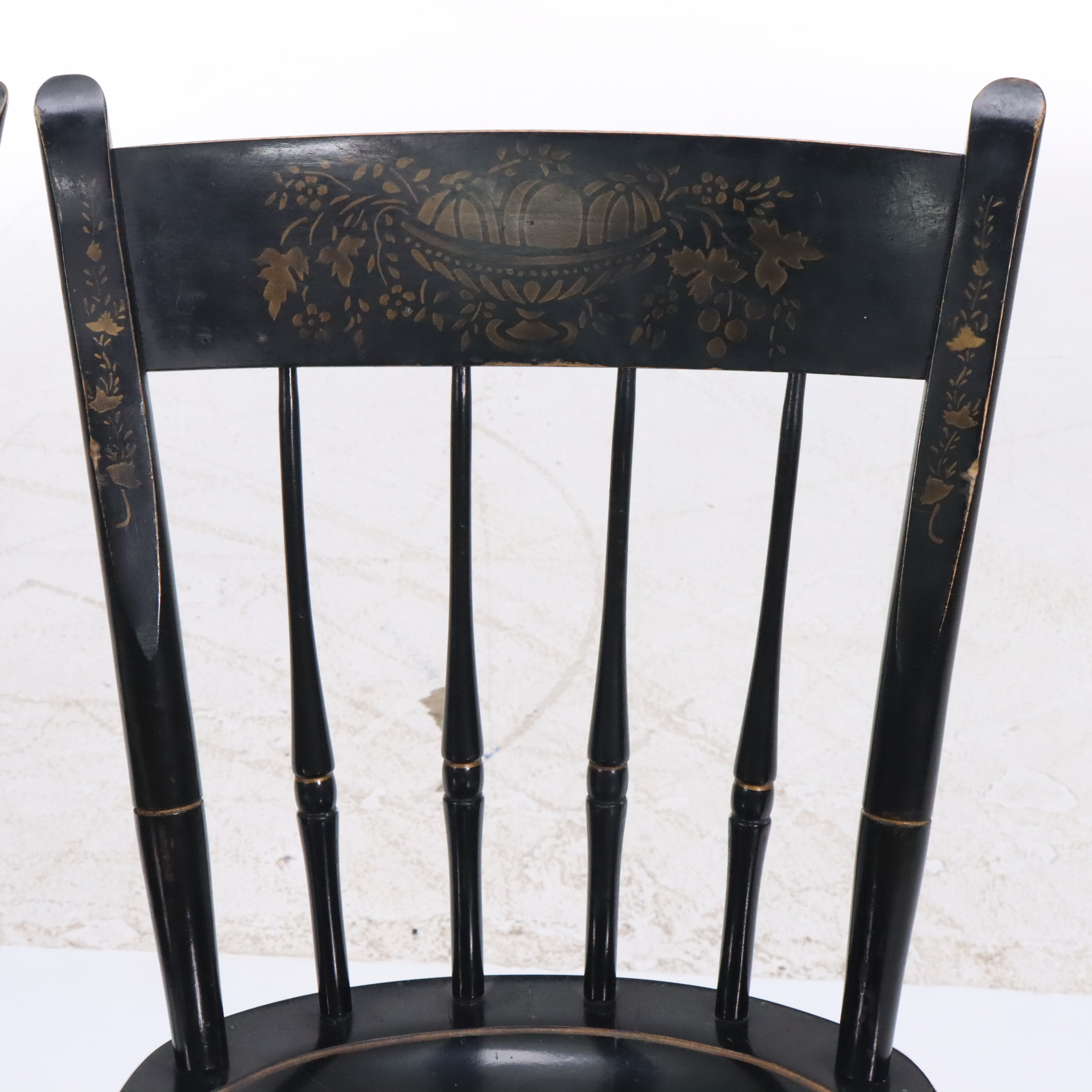 Pair of Nichols & Stone Painted Wood Spindle Back Hand-Stenciled Chairs