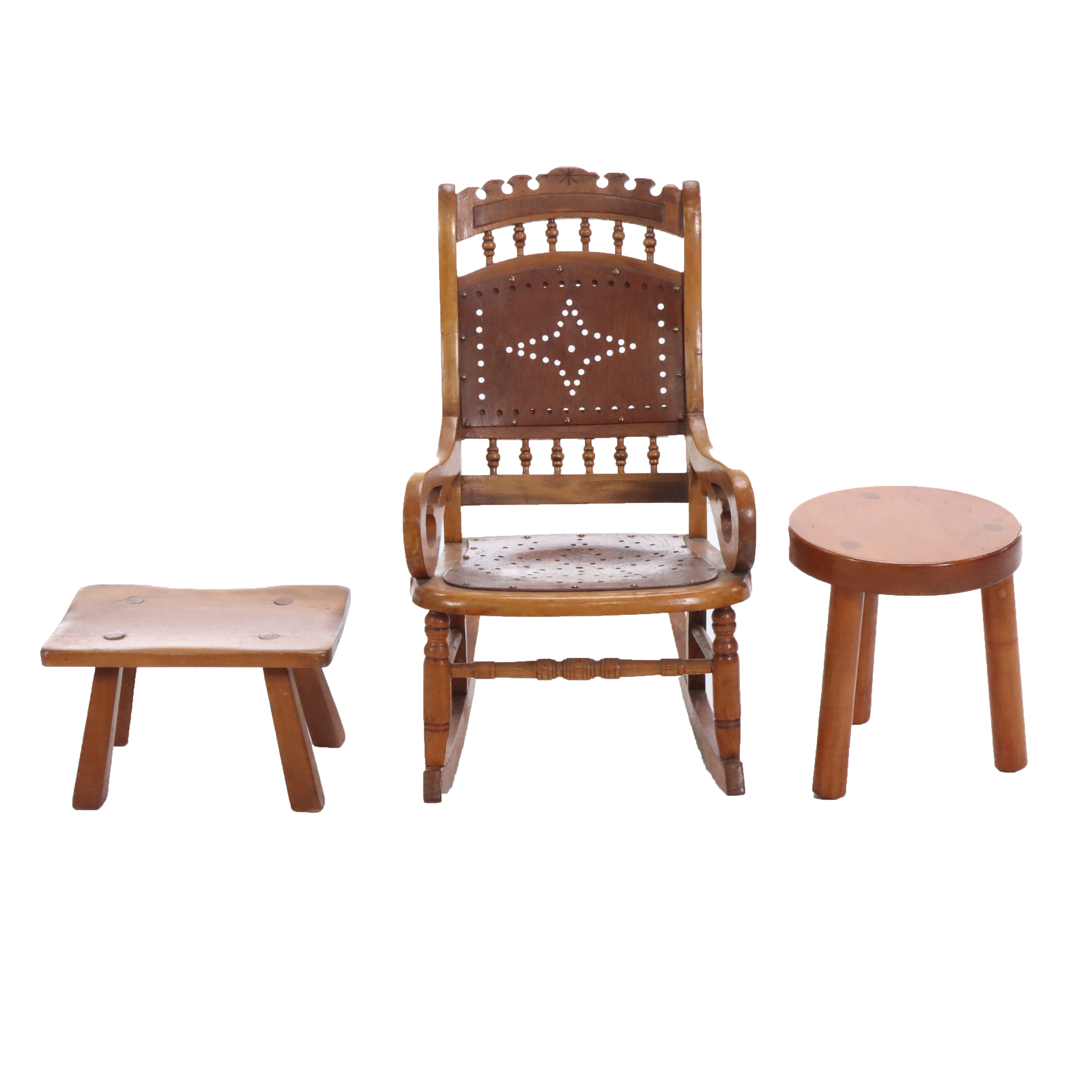 Antique Wooden Children's Rocking Chair with Handcrafted Footstools