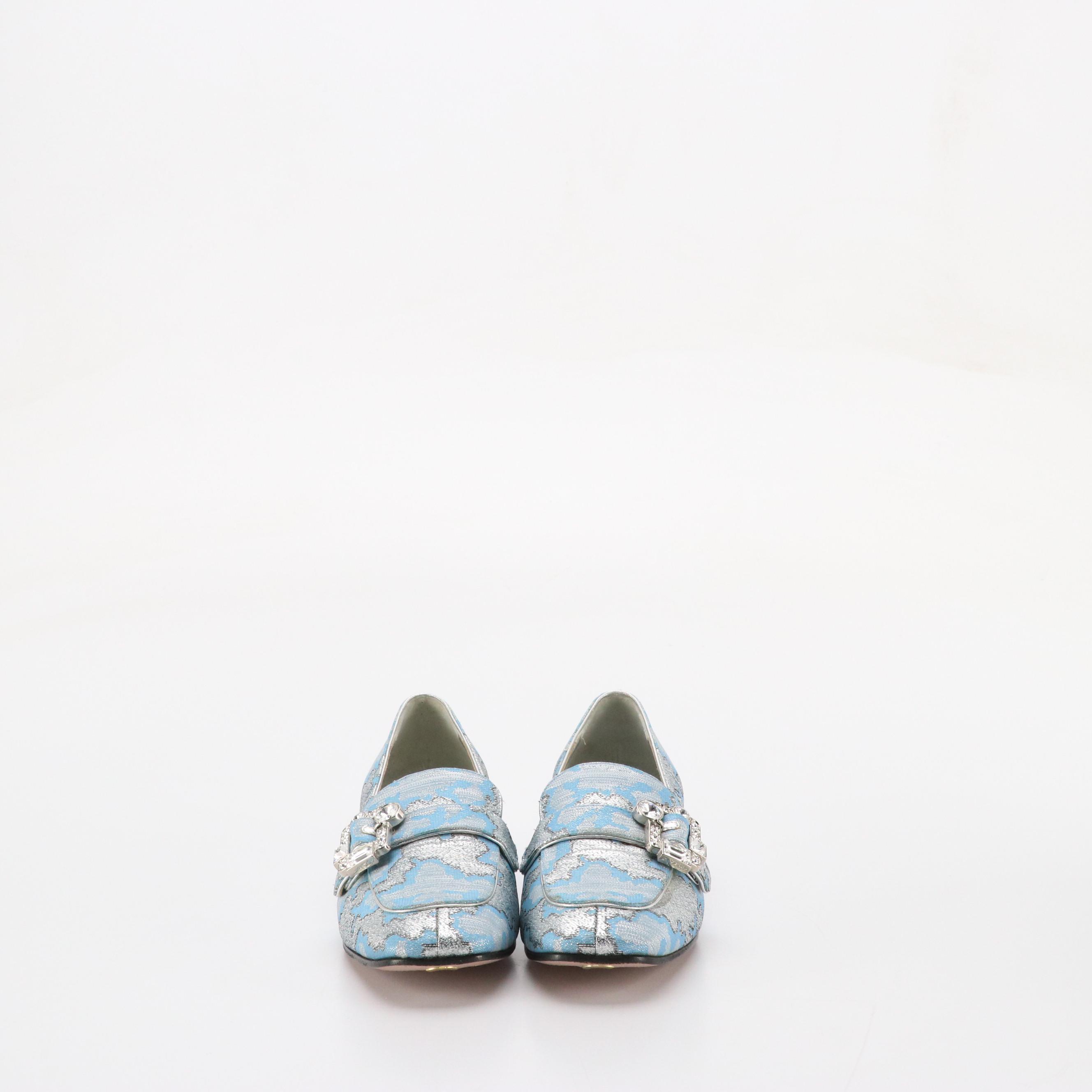 Prada Embellished Buckle Block Heel Loafers in Blue Silk Brocade