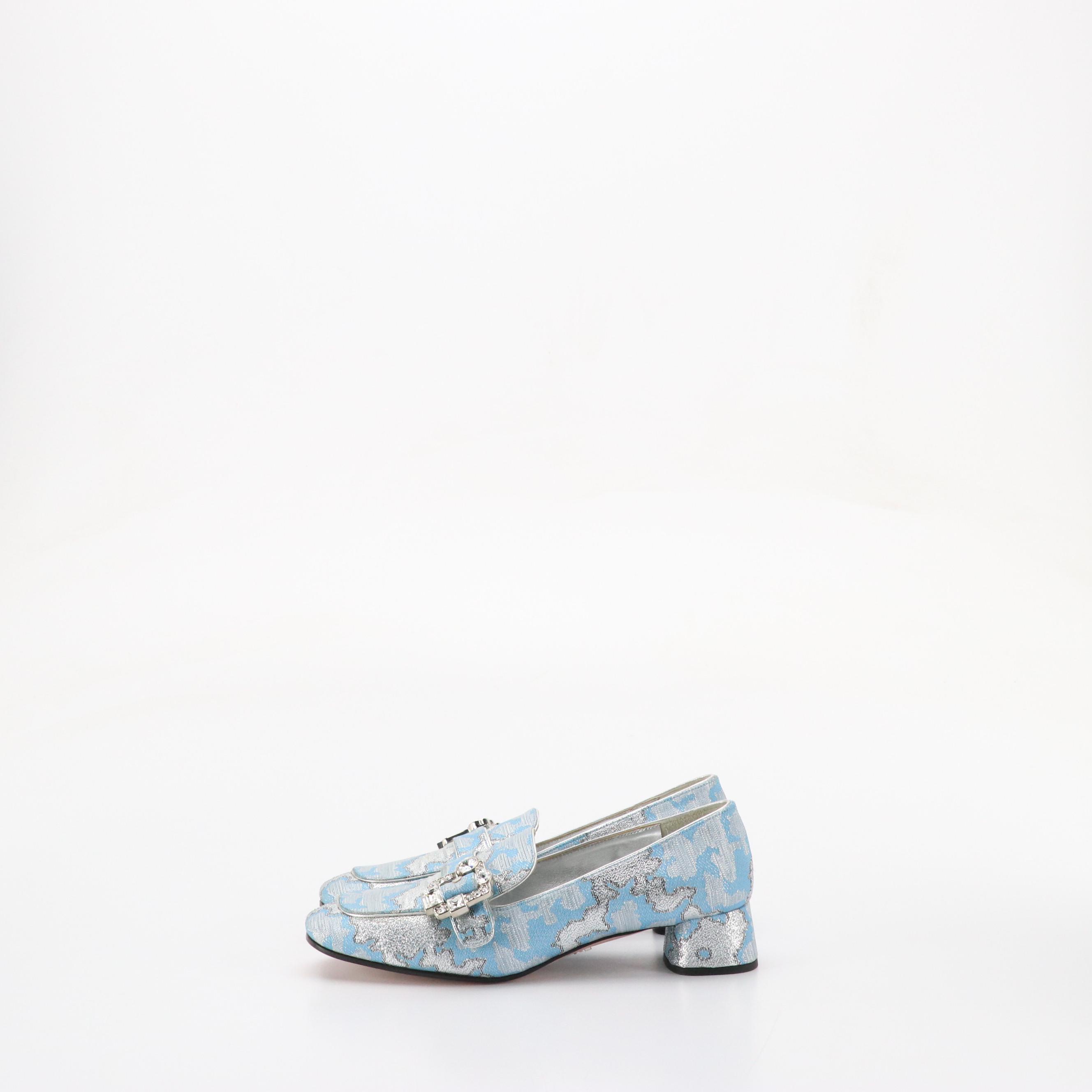 Prada Embellished Buckle Block Heel Loafers in Blue Silk Brocade