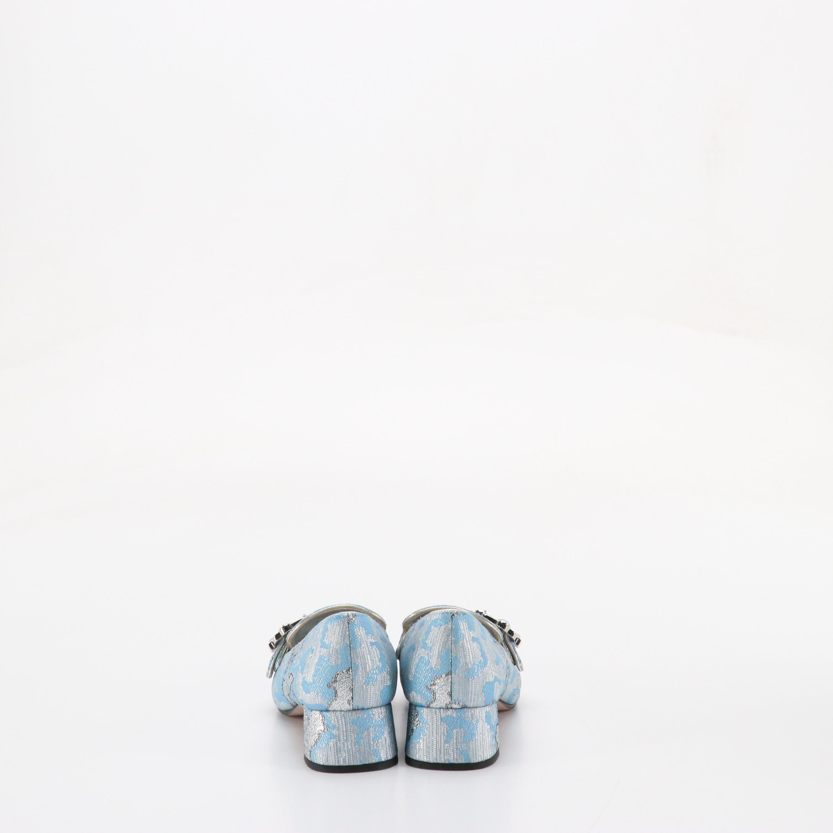 Prada Embellished Buckle Block Heel Loafers in Blue Silk Brocade