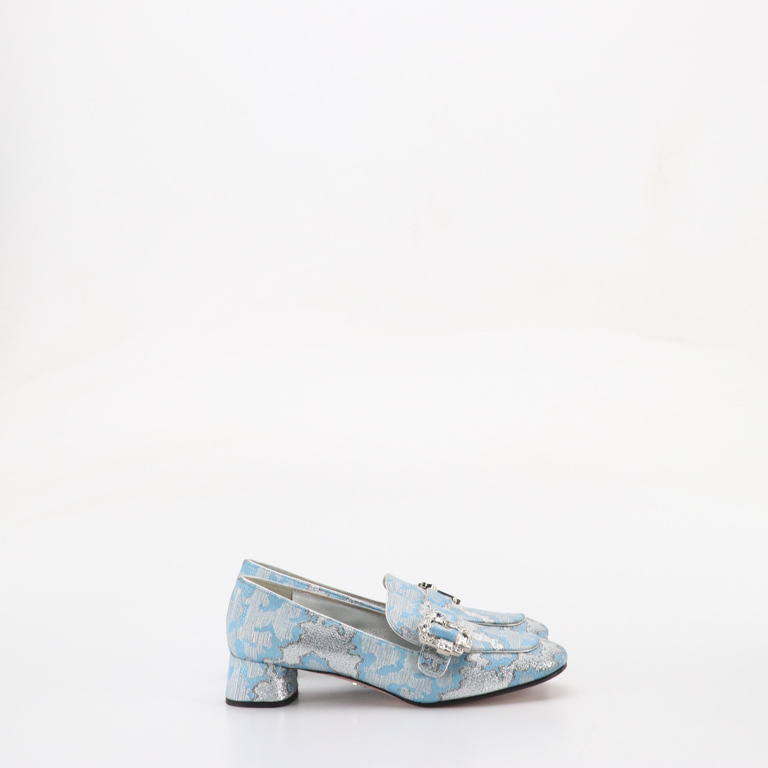 Prada Embellished Buckle Block Heel Loafers in Blue Silk Brocade