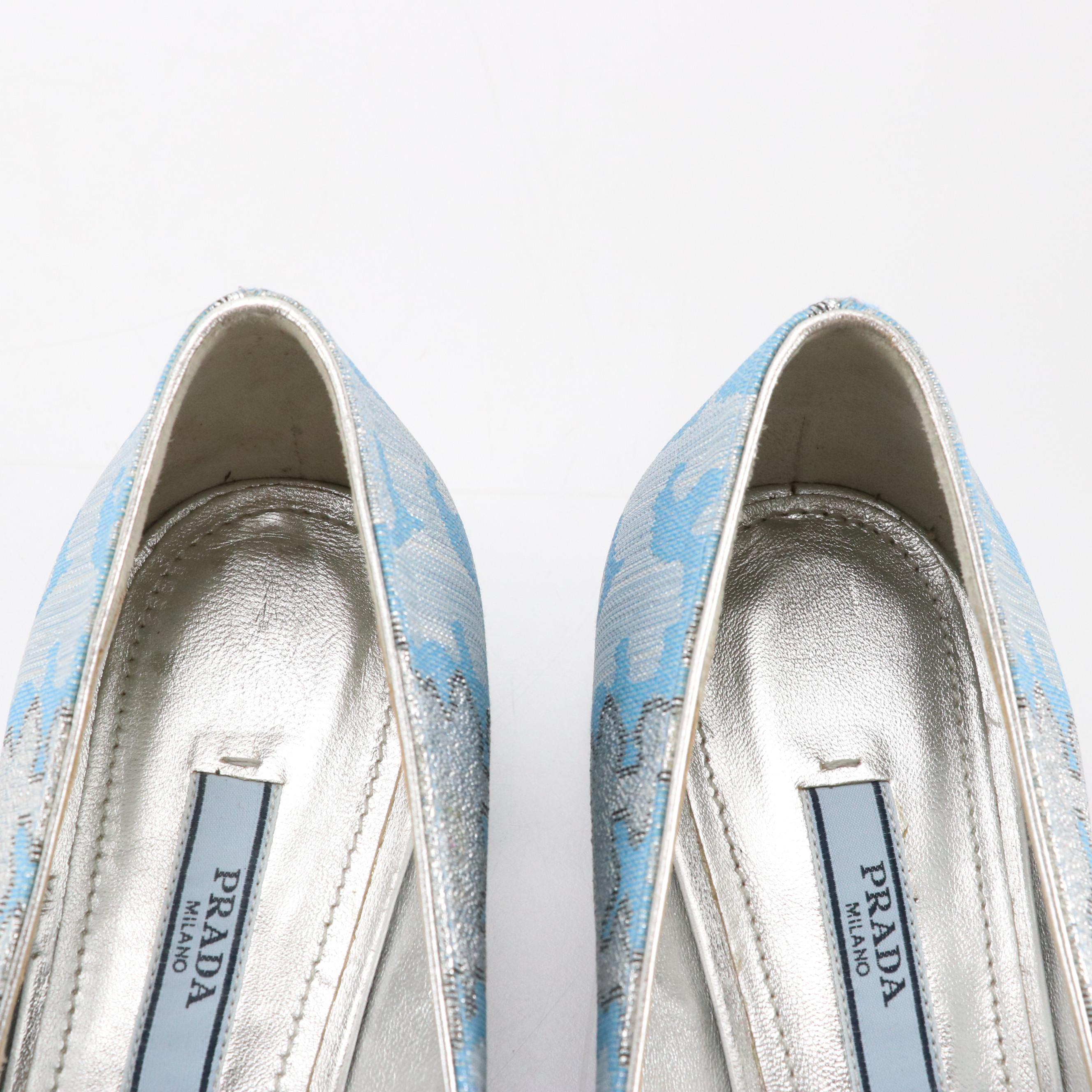 Prada Embellished Buckle Block Heel Loafers in Blue Silk Brocade