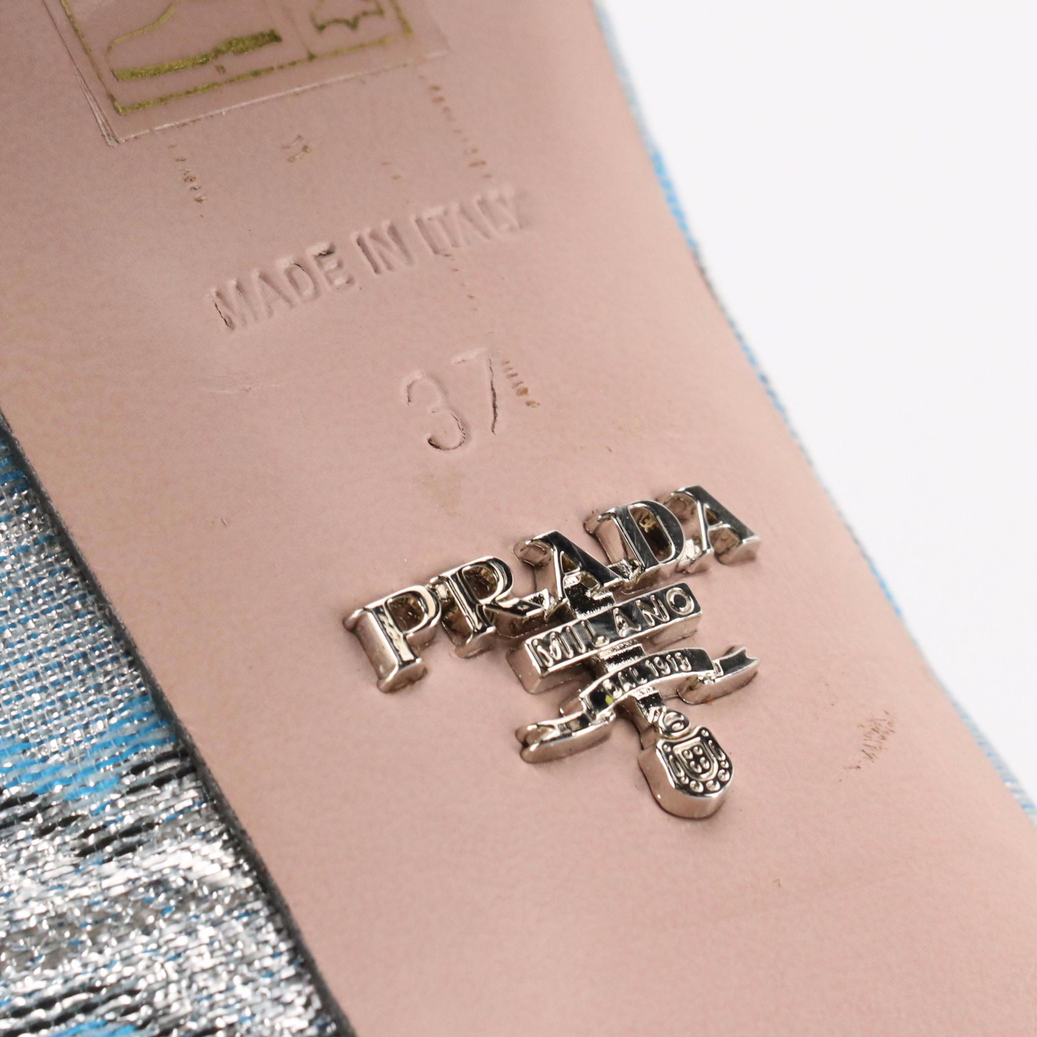 Prada Embellished Buckle Block Heel Loafers in Blue Silk Brocade