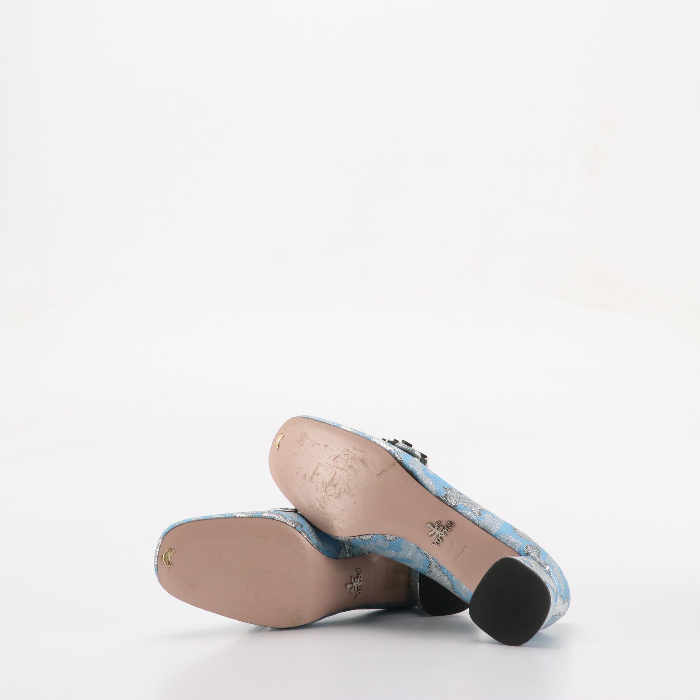 Prada Embellished Buckle Block Heel Loafers in Blue Silk Brocade