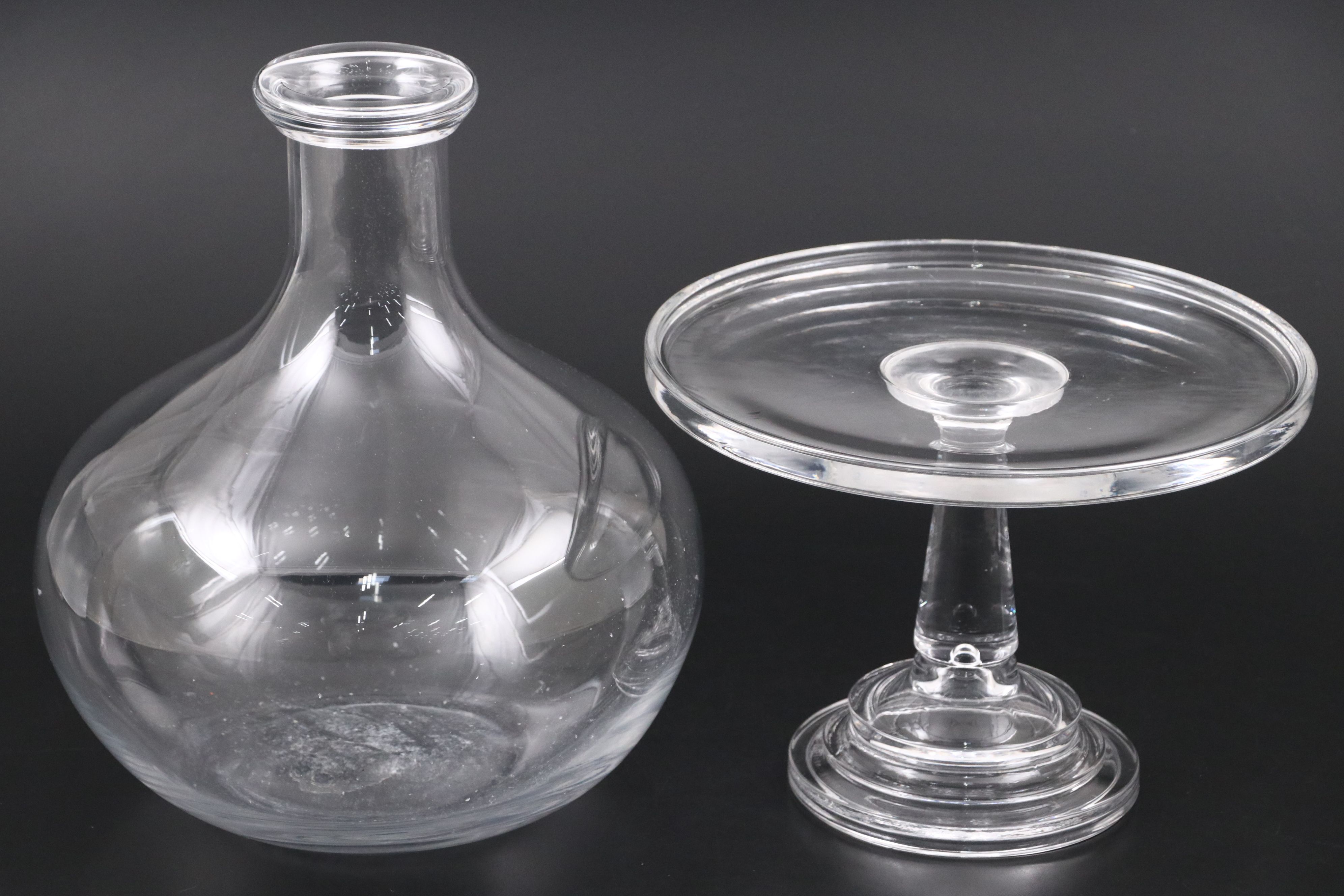 William Sonoma Glass Cake Stand with Other Glass Vessels