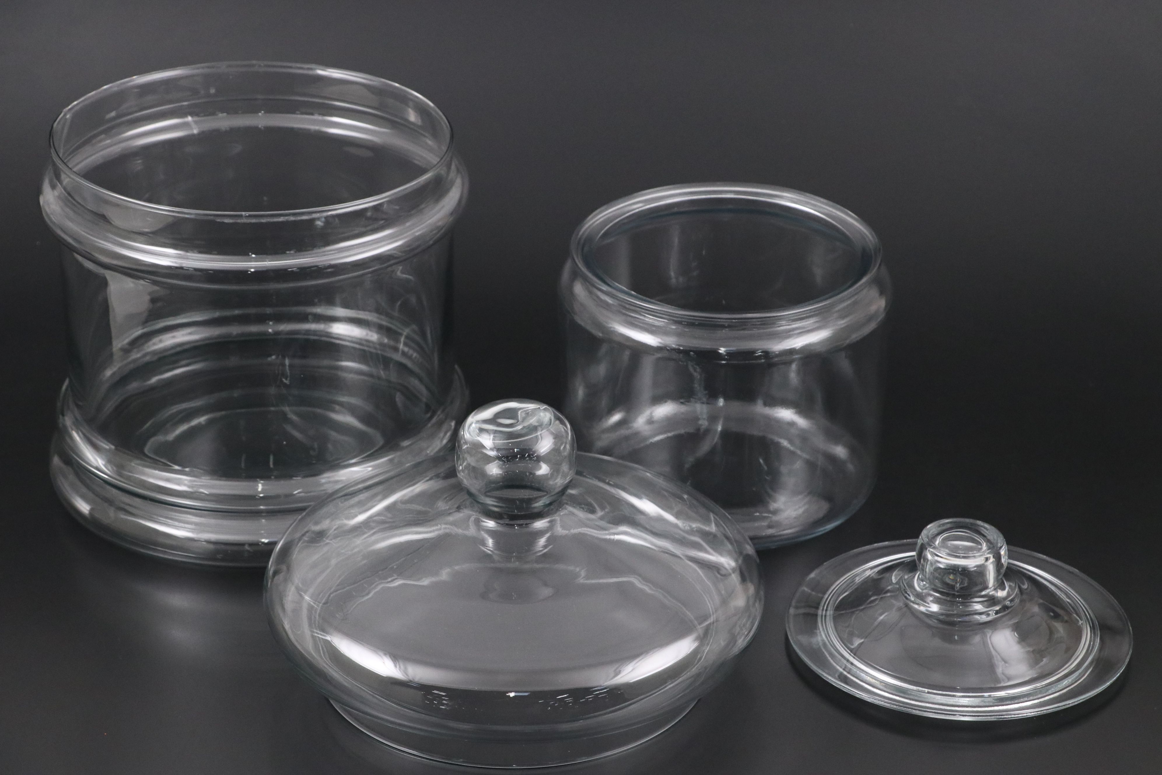 William Sonoma Glass Cake Stand with Other Glass Vessels