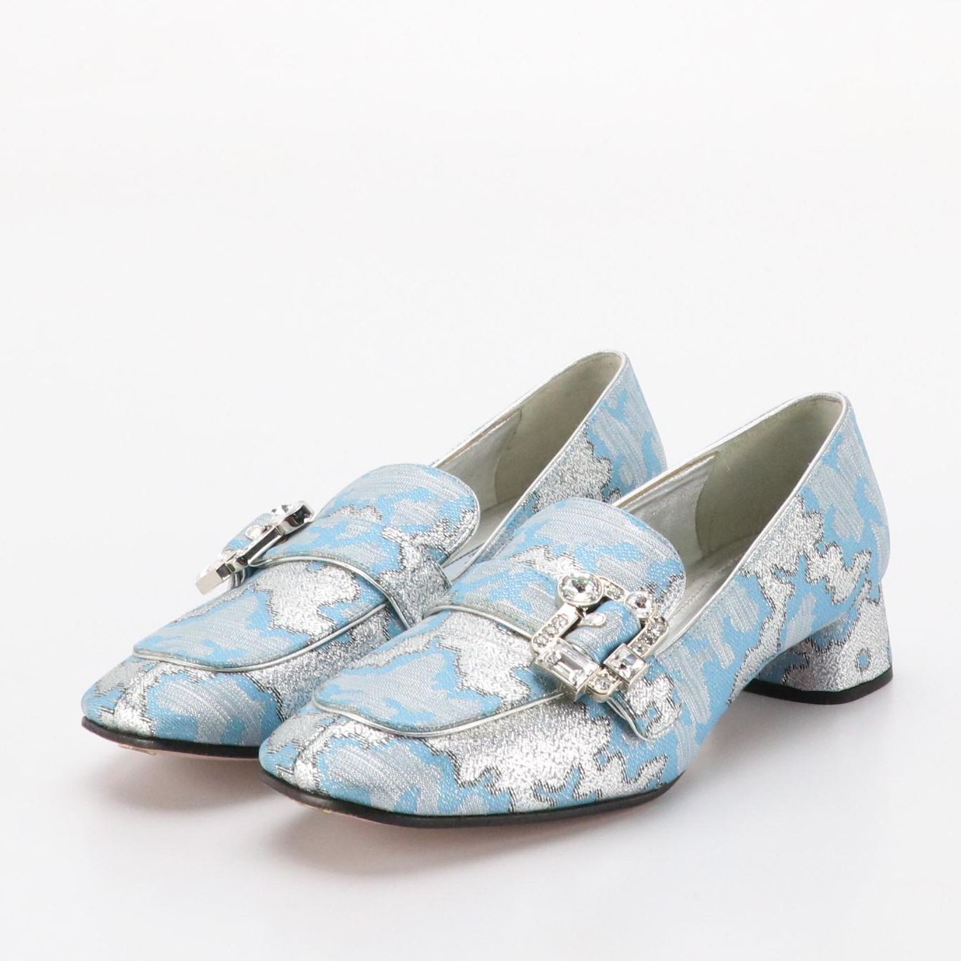 Prada Embellished Buckle Block Heel Loafers in Blue Silk Brocade
