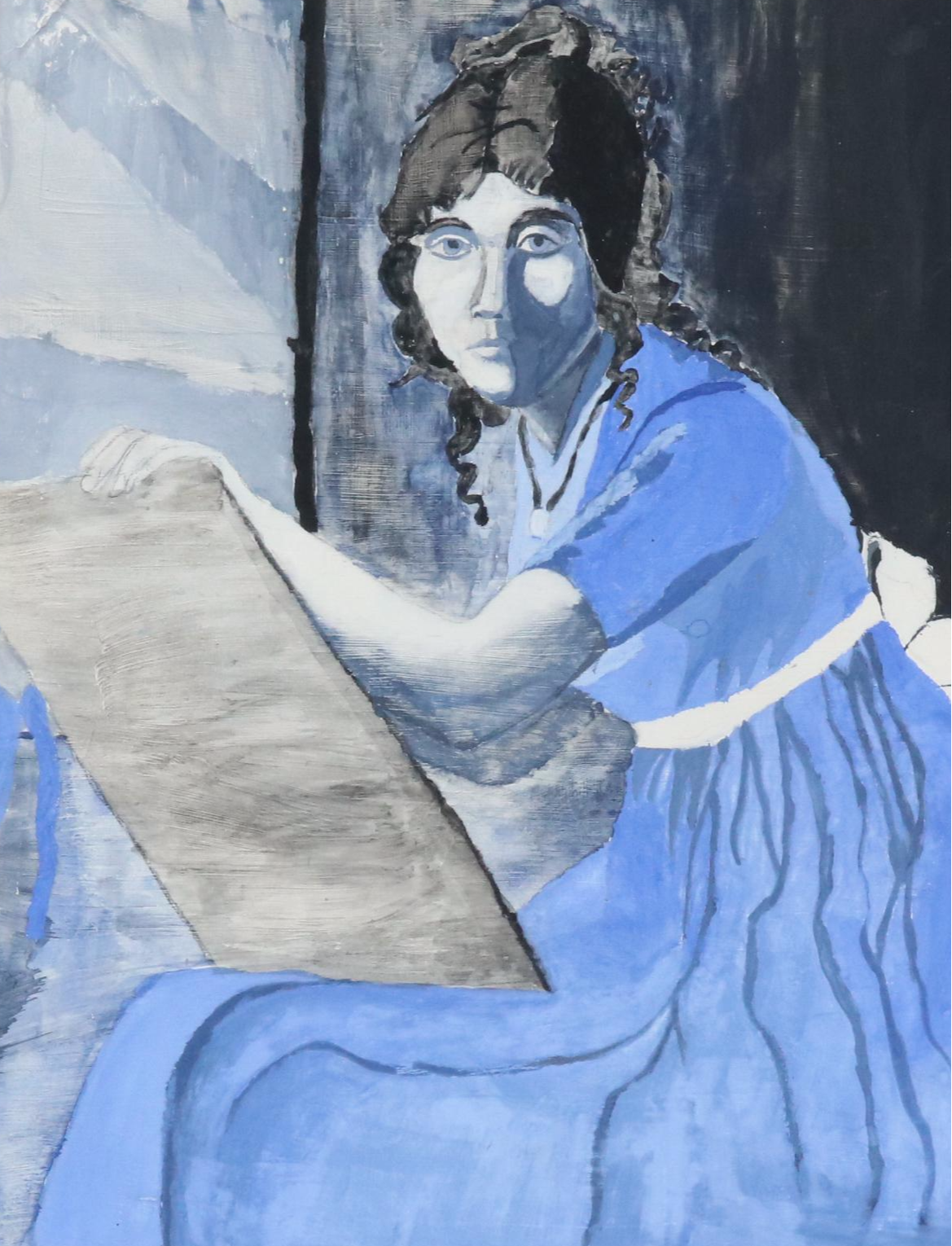 Gouache Self-Portrait of Woman in Blue Dress