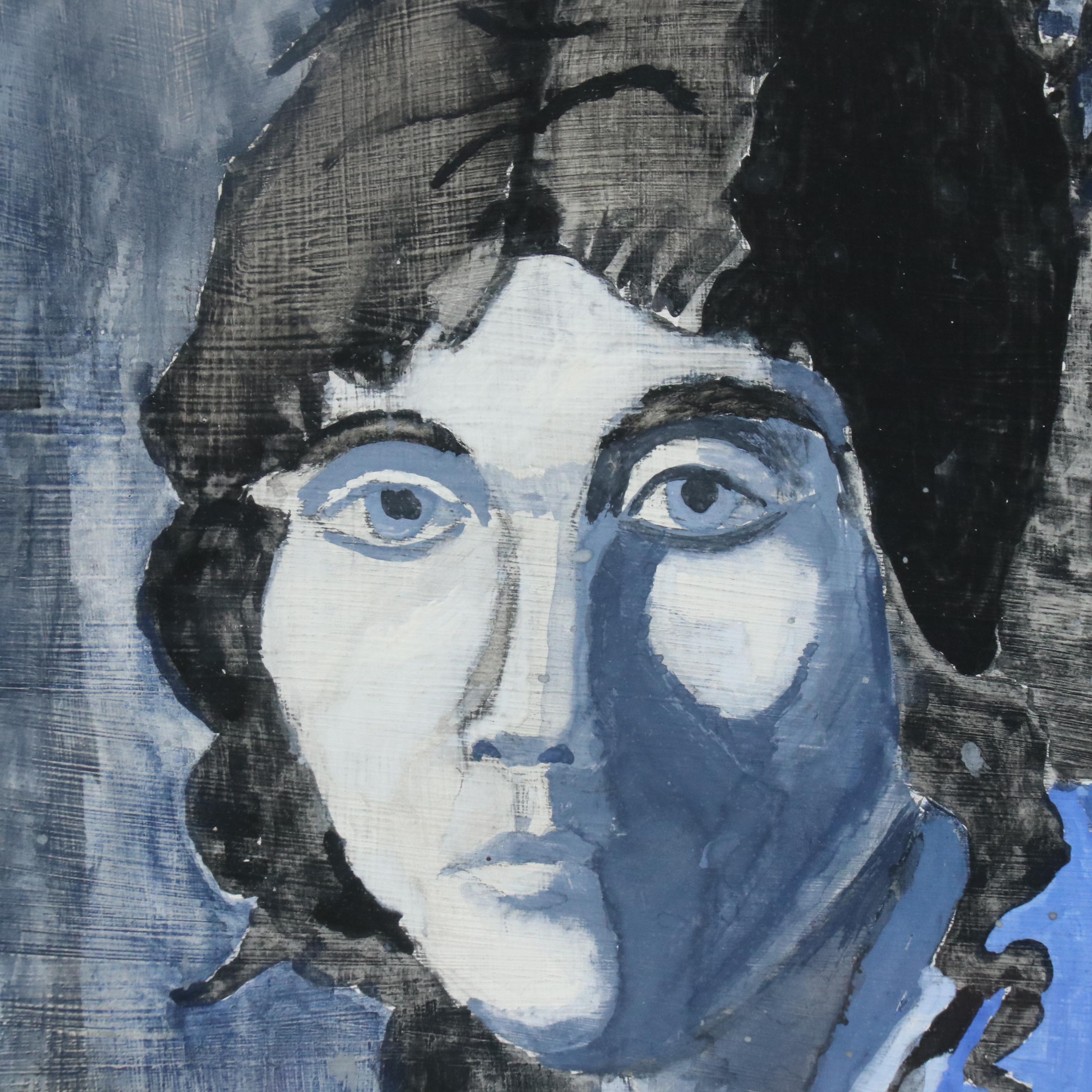 Gouache Self-Portrait of Woman in Blue Dress