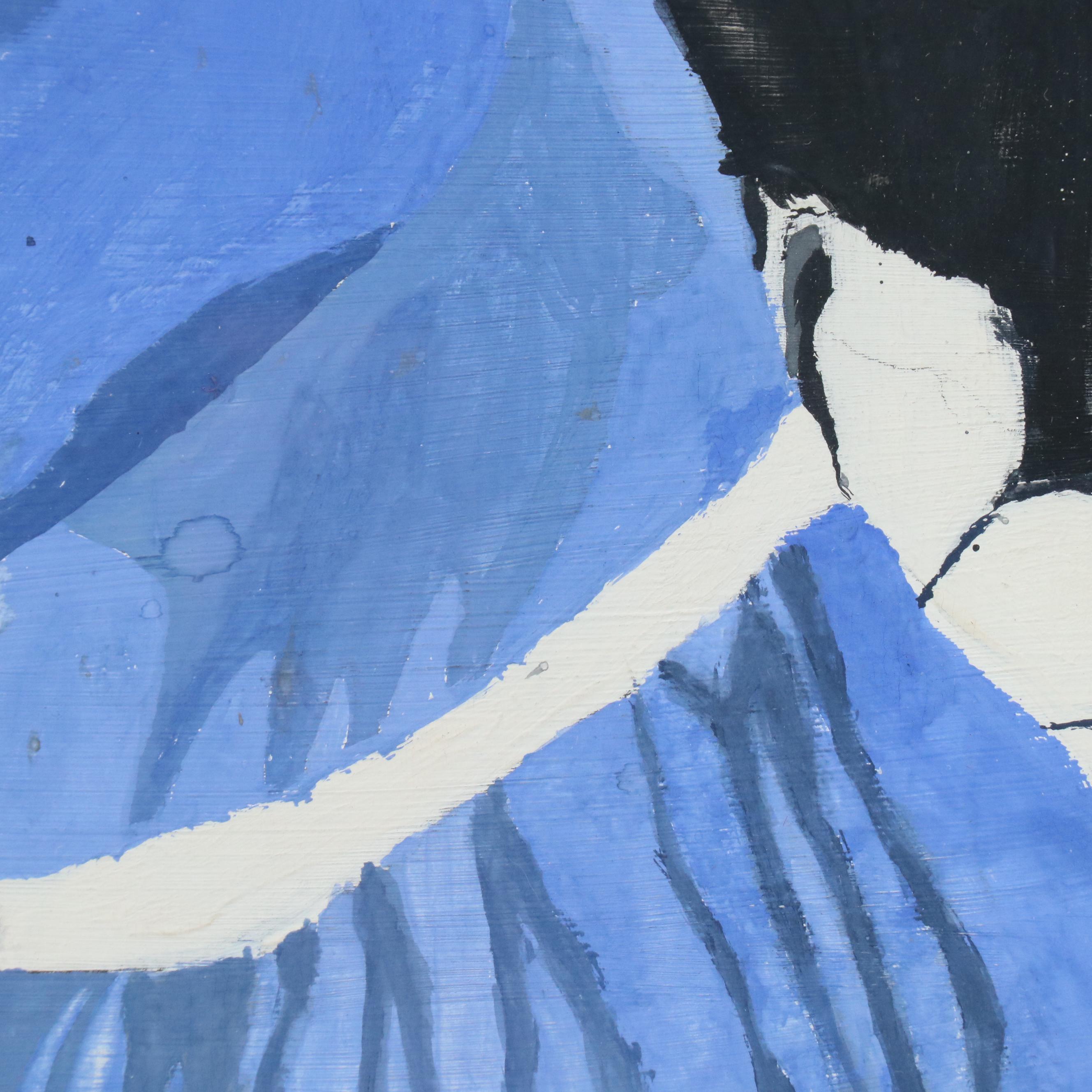 Gouache Self-Portrait of Woman in Blue Dress