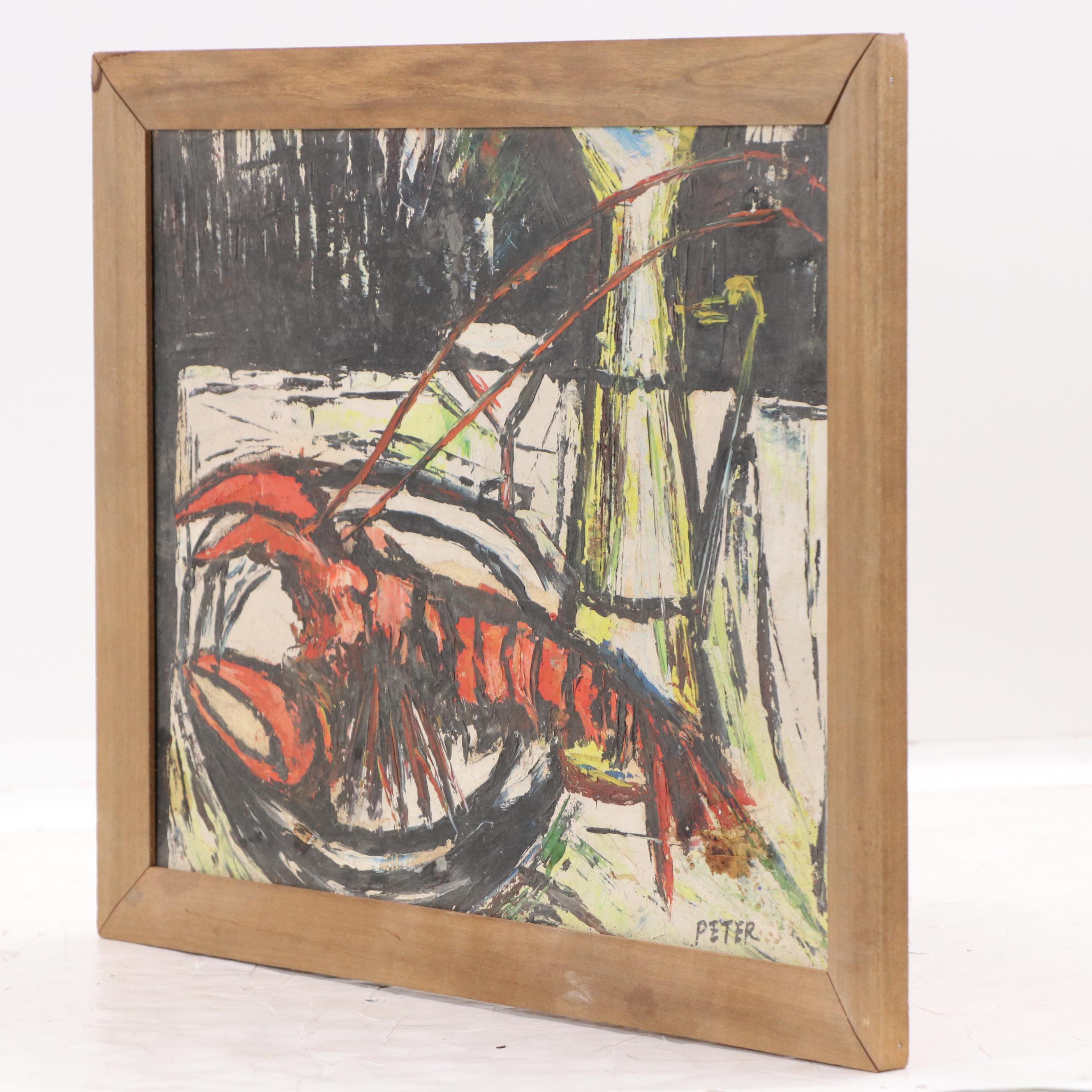 Peter Mid Century Modern Still Life with Lobster Oil Painting