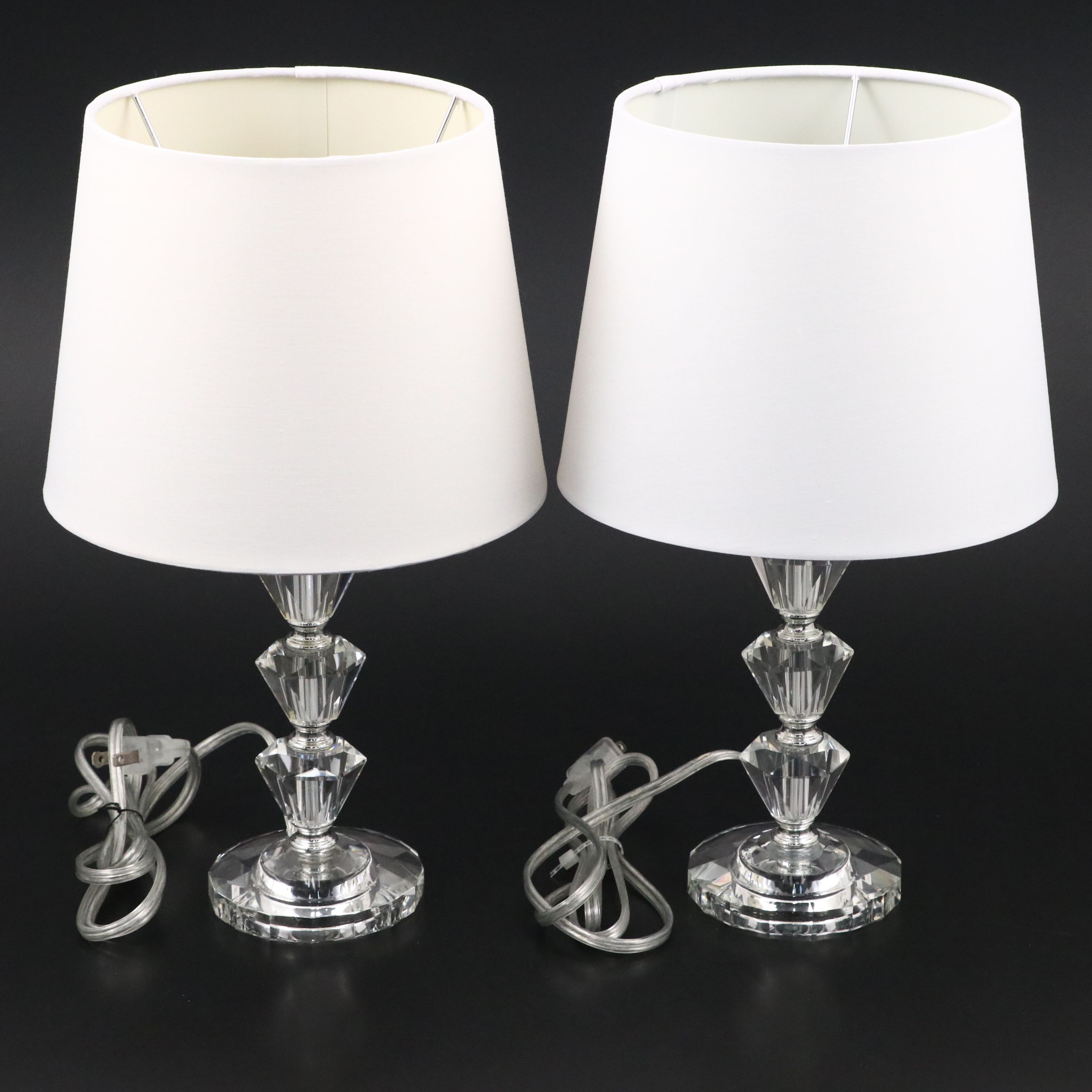 Pair of Stacked Tier Glass Table Lamps with Cotton Shades