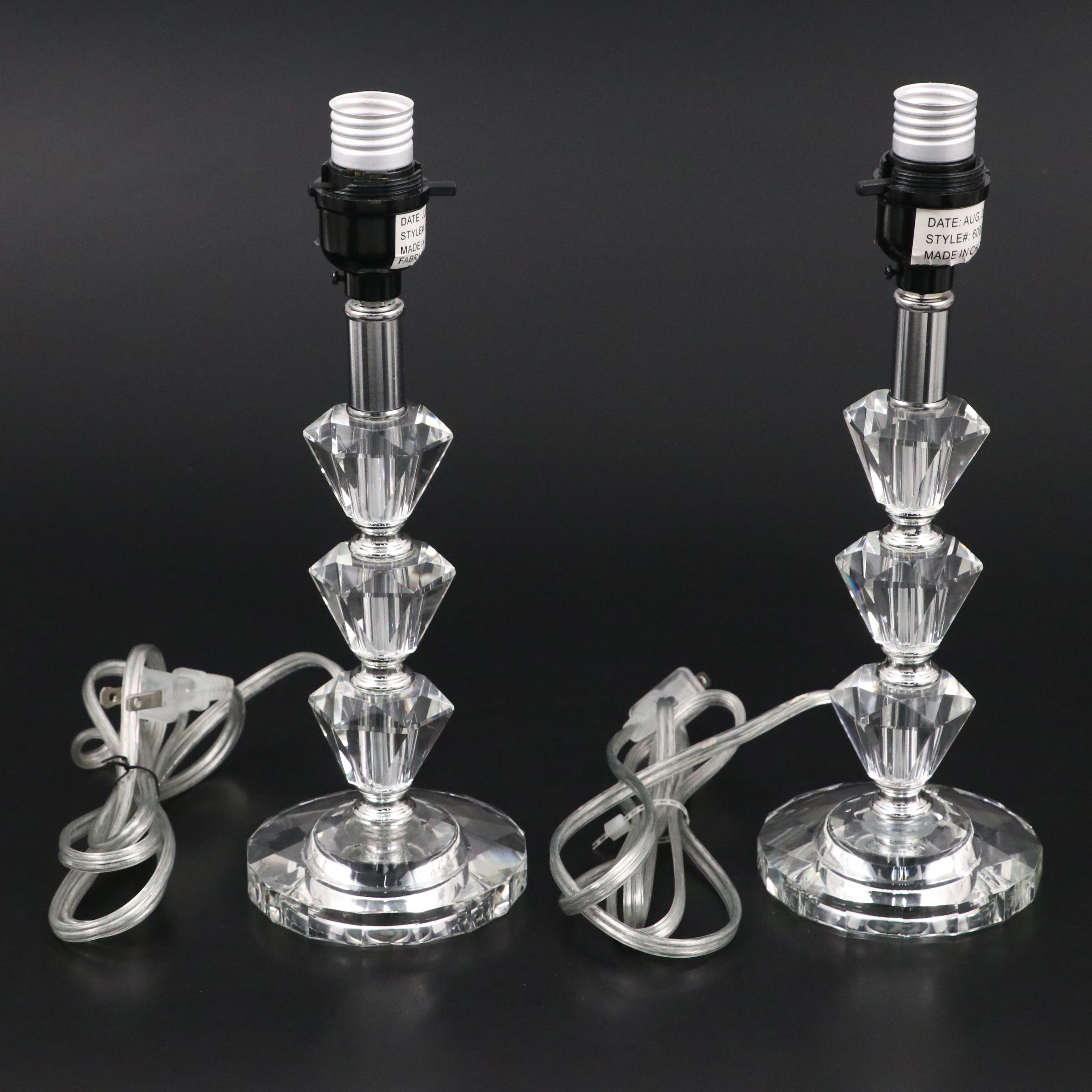 Pair of Stacked Tier Glass Table Lamps with Cotton Shades