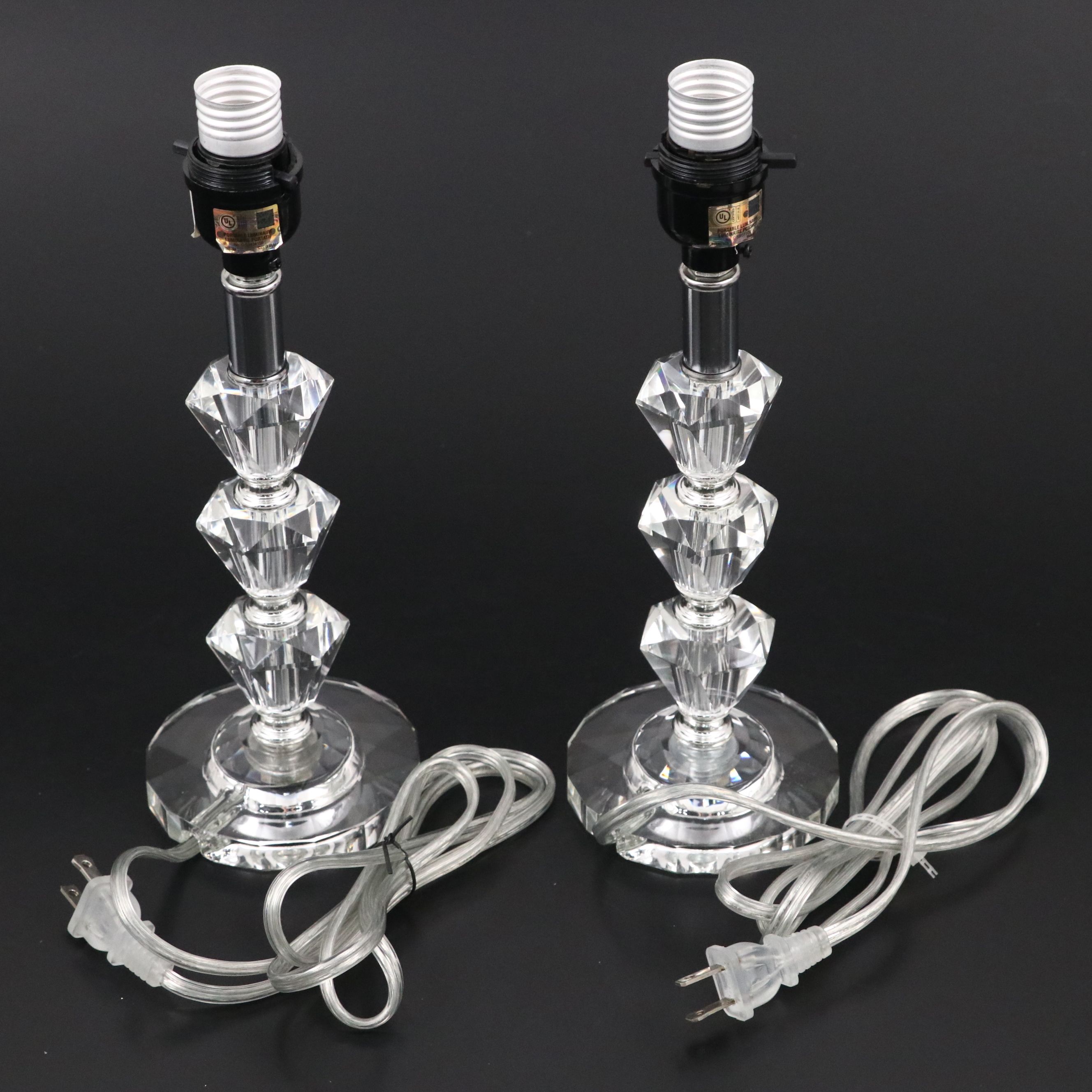 Pair of Stacked Tier Glass Table Lamps with Cotton Shades