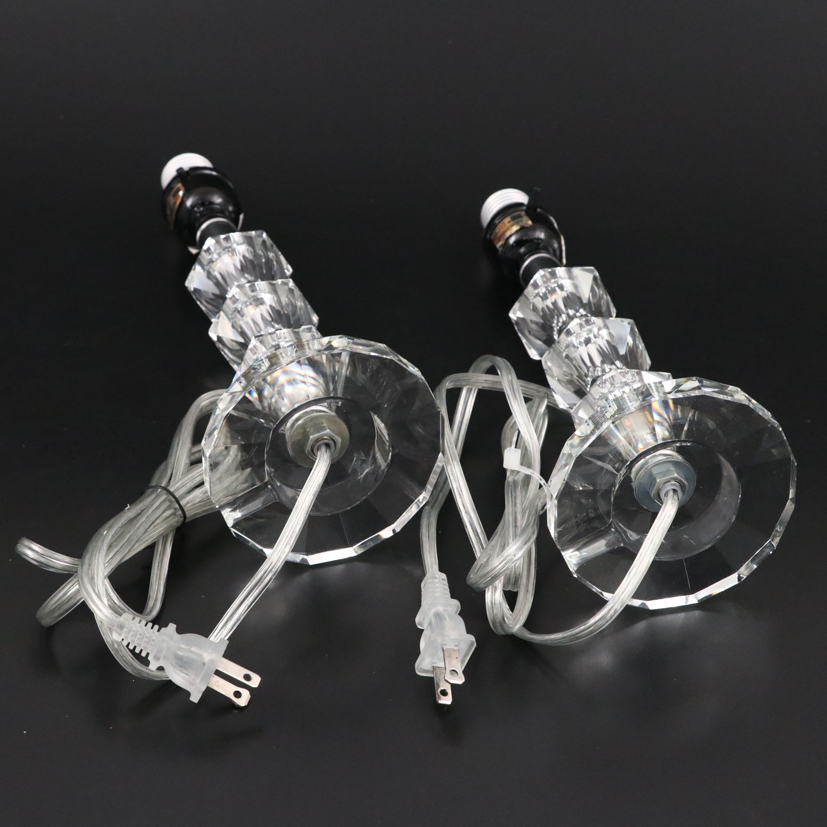 Pair of Stacked Tier Glass Table Lamps with Cotton Shades