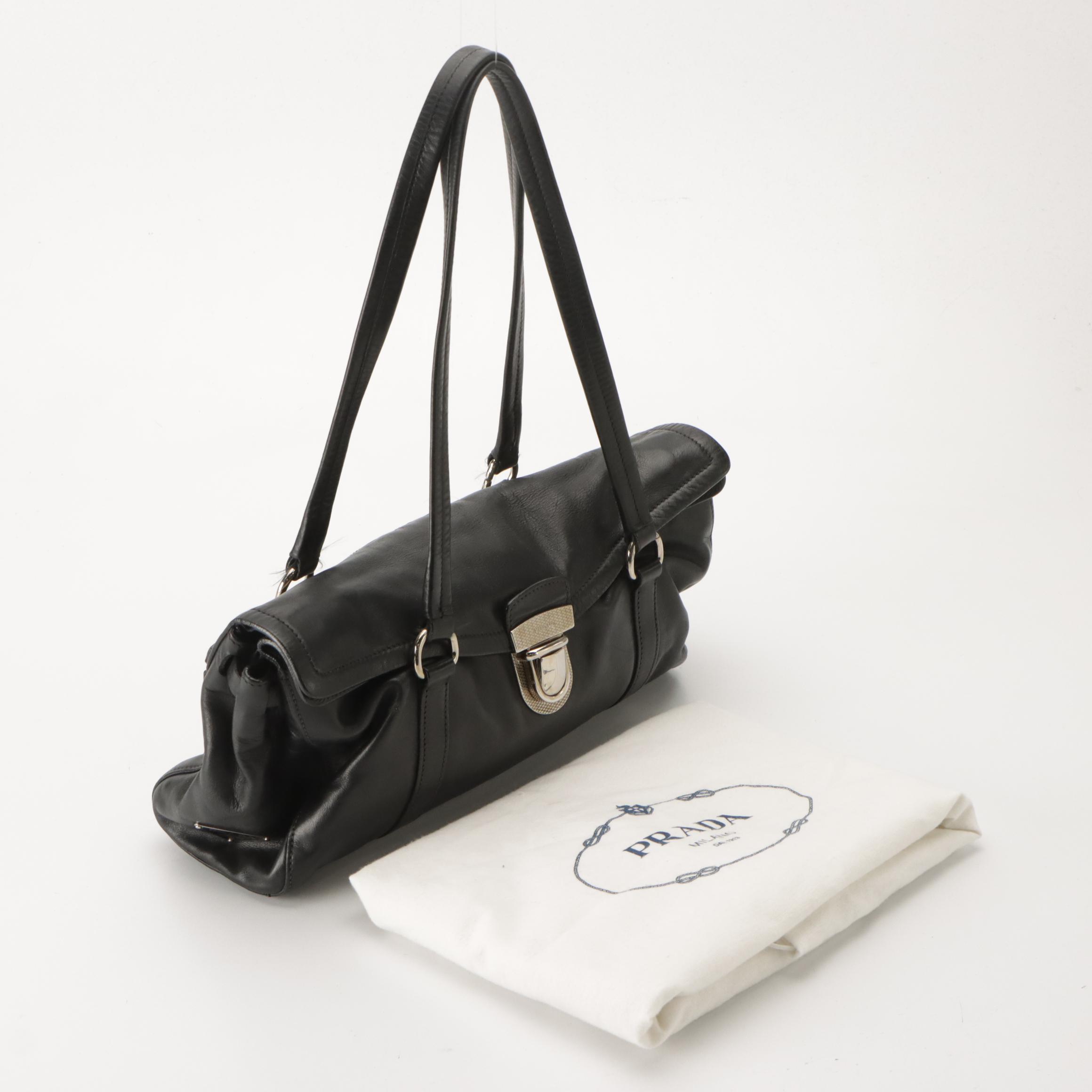 Prada Fold Over Tuck Lock Shoulder Bag in Black Leather