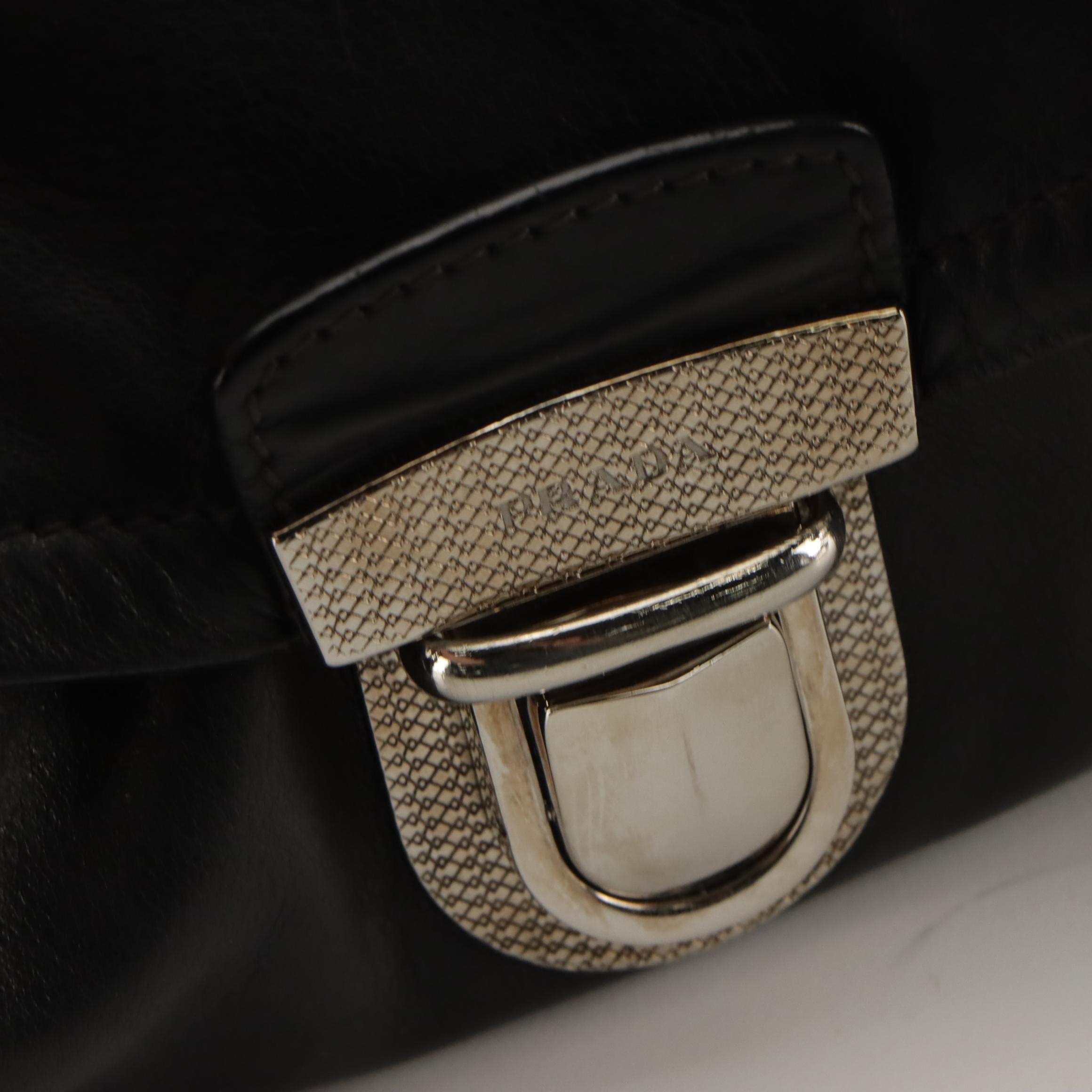 Prada Fold Over Tuck Lock Shoulder Bag in Black Leather