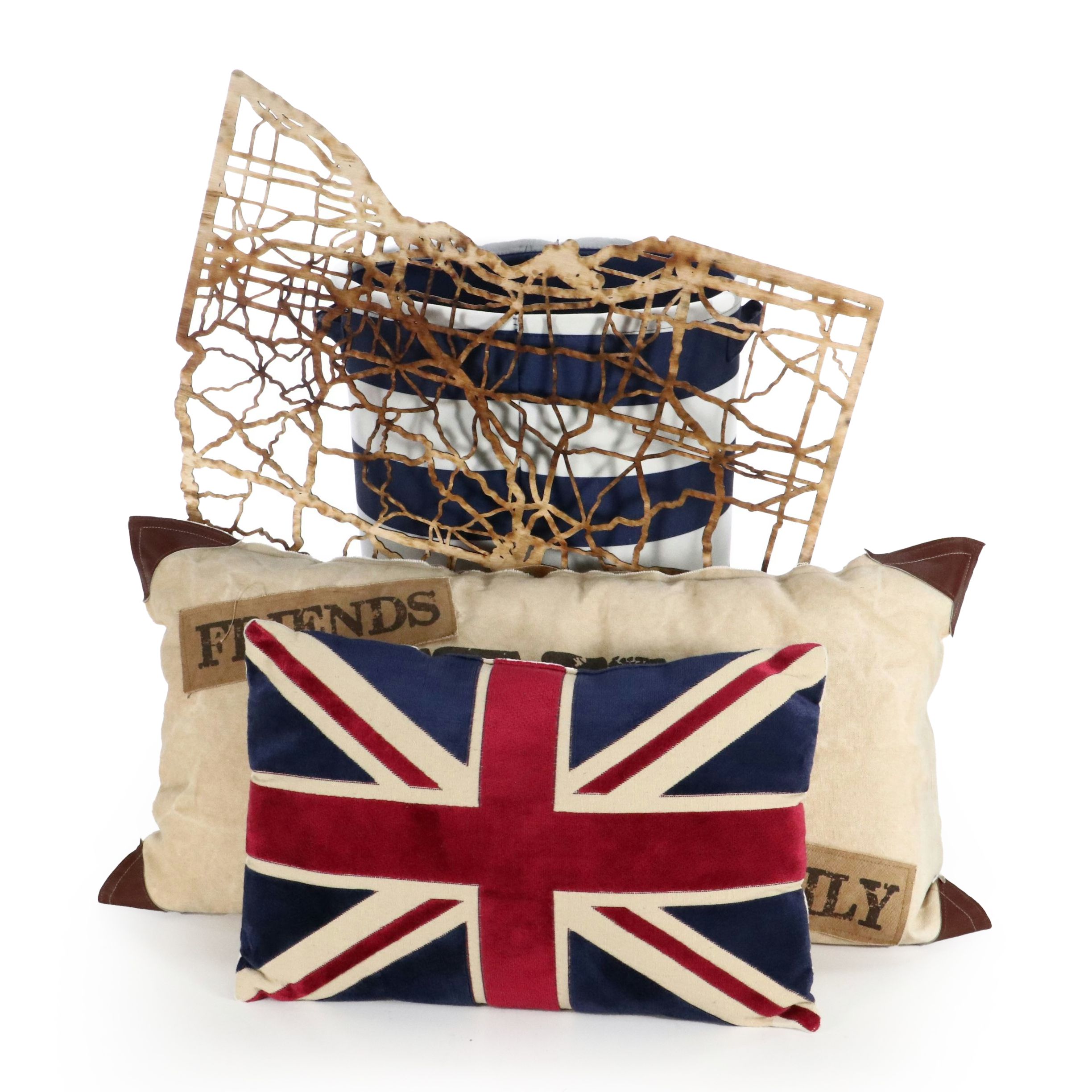 Wooden Cutout Ohio Wall Décor with Throw Pillows and Striped Hamper