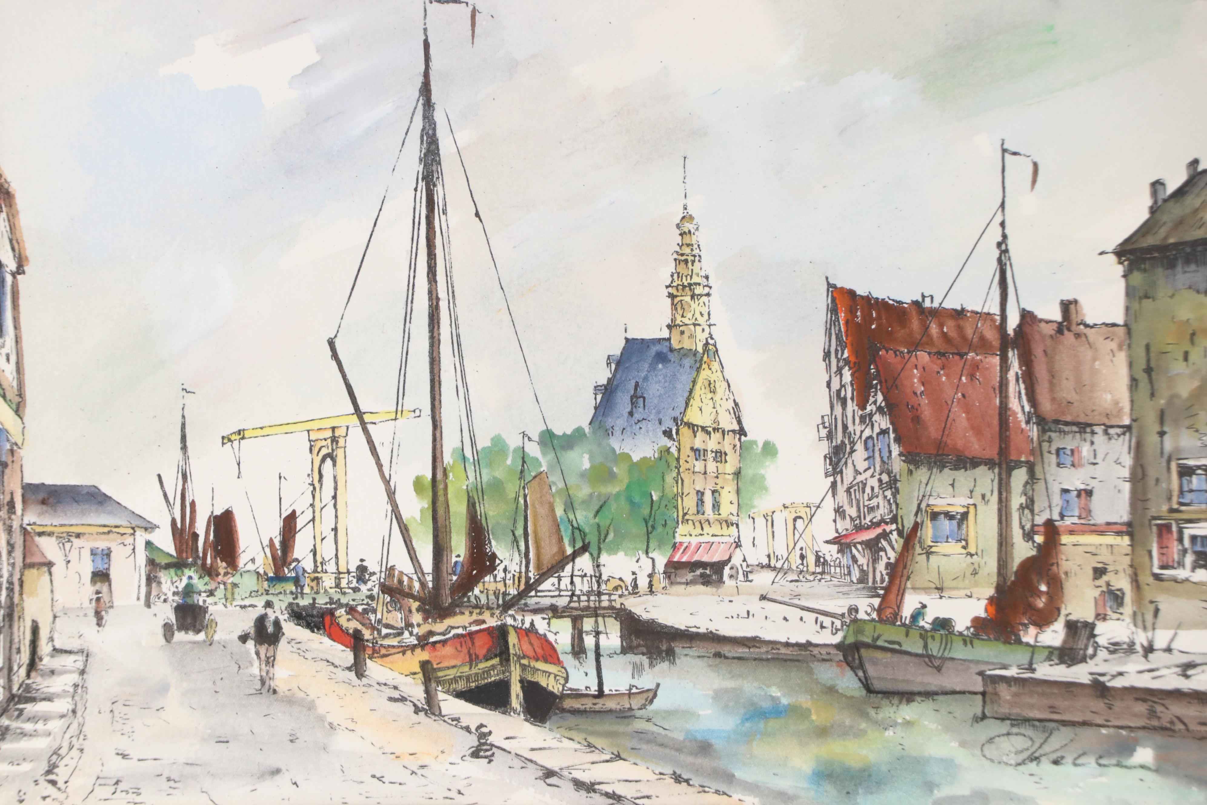 Dutch Canal Watercolor Painting, Featuring the Hoofdtoren of Hoorn