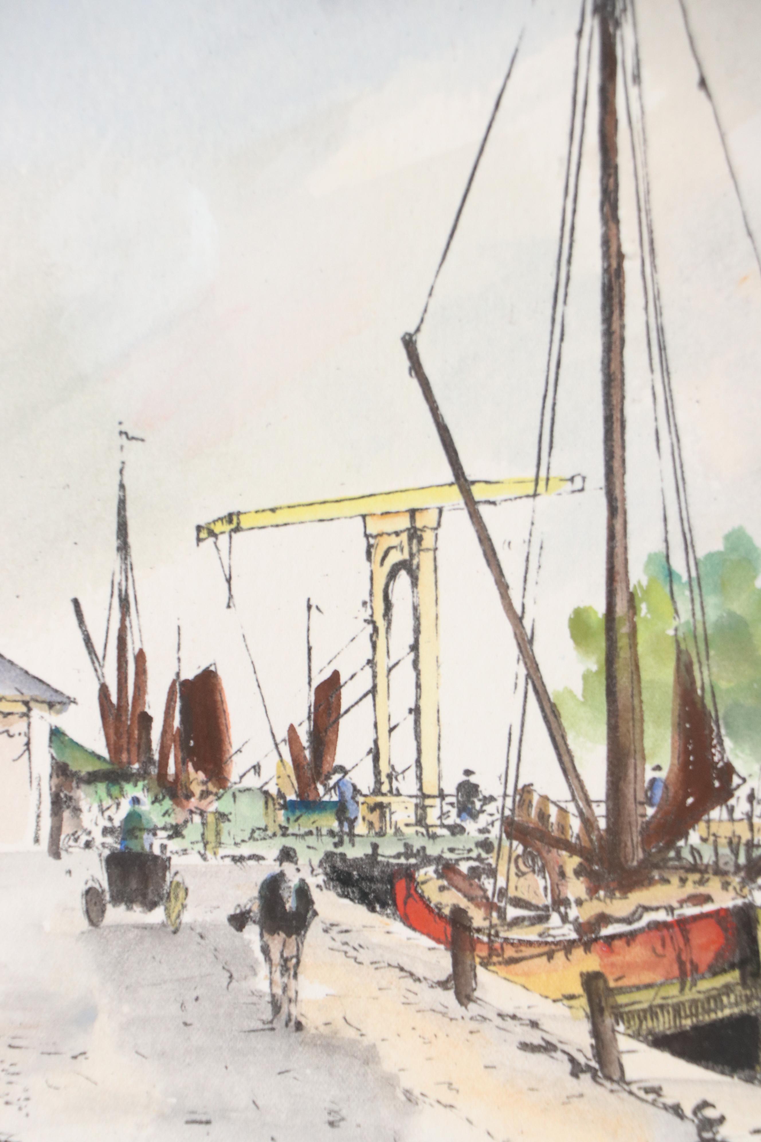 Dutch Canal Watercolor Painting, Featuring the Hoofdtoren of Hoorn