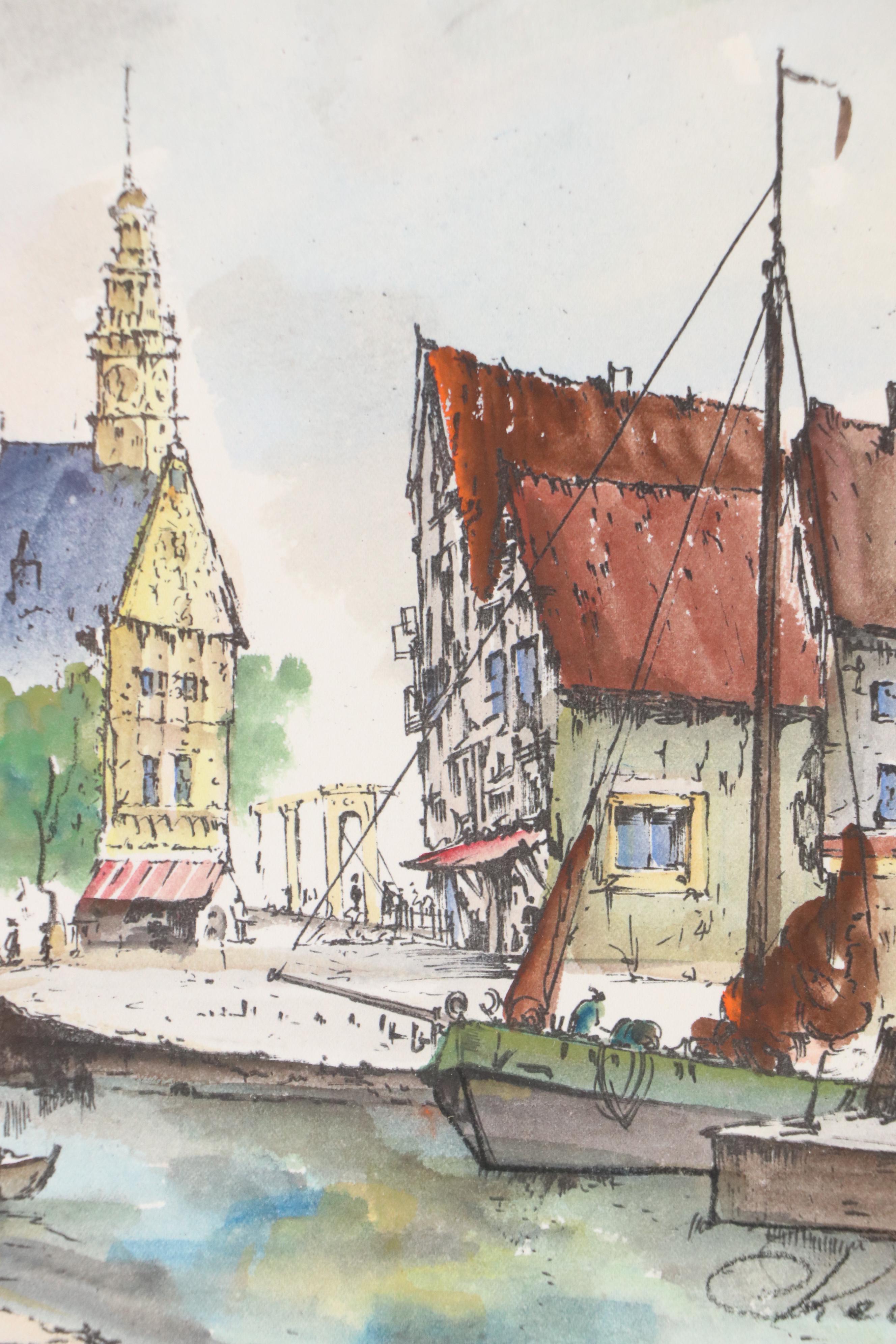 Dutch Canal Watercolor Painting, Featuring the Hoofdtoren of Hoorn