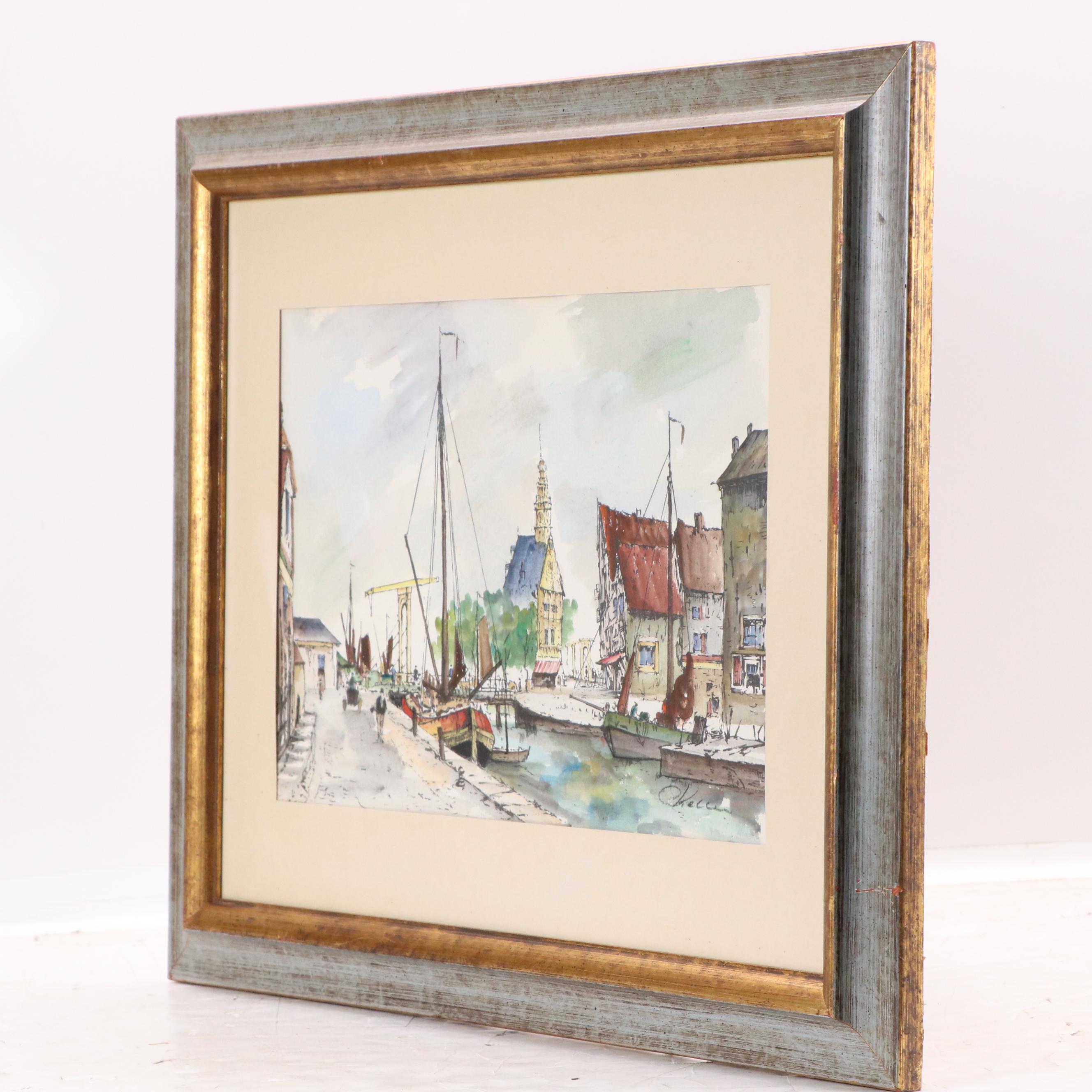 Dutch Canal Watercolor Painting, Featuring the Hoofdtoren of Hoorn