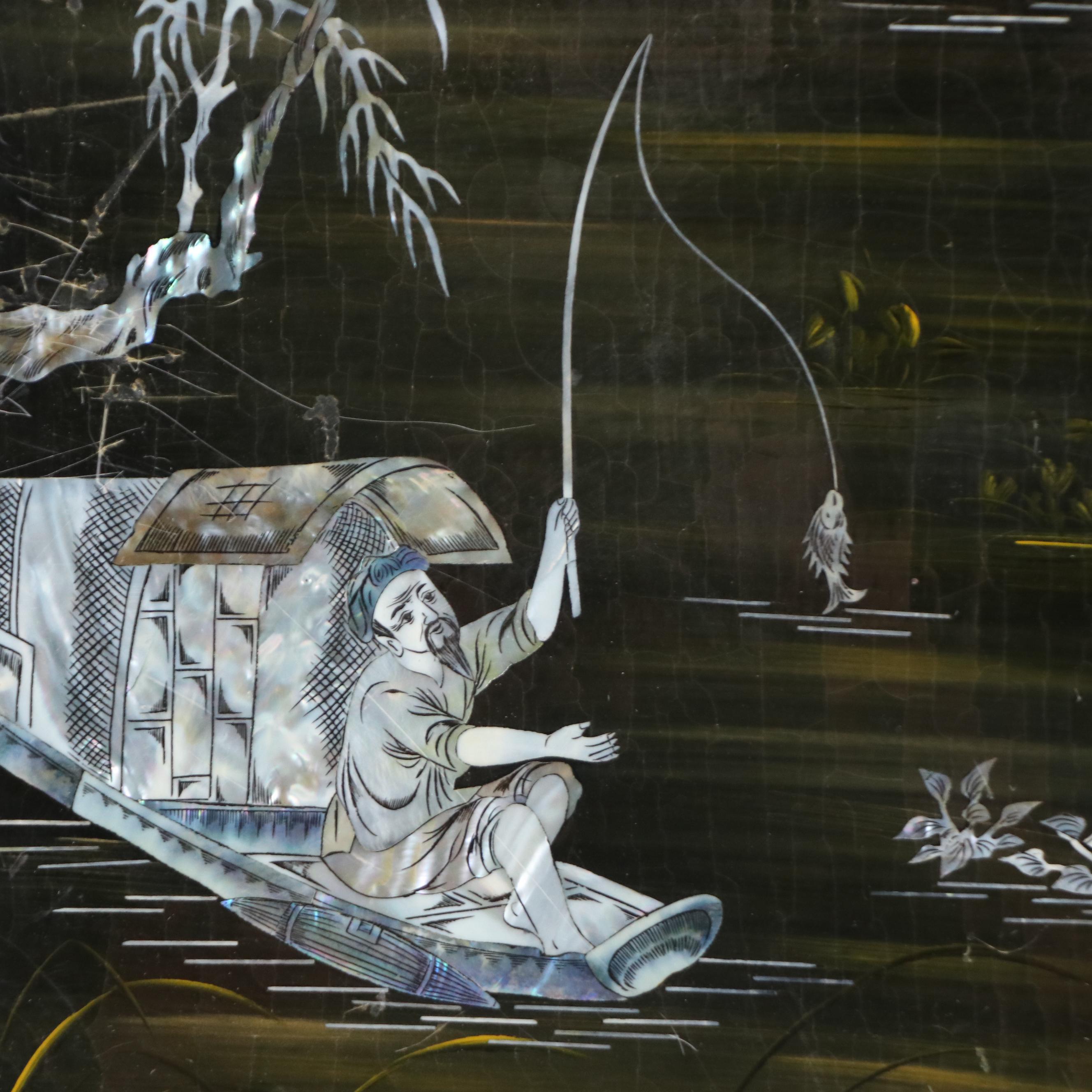 Japanese Abalone Inlaid Lacquerware Plaque Featuring a Fisherman
