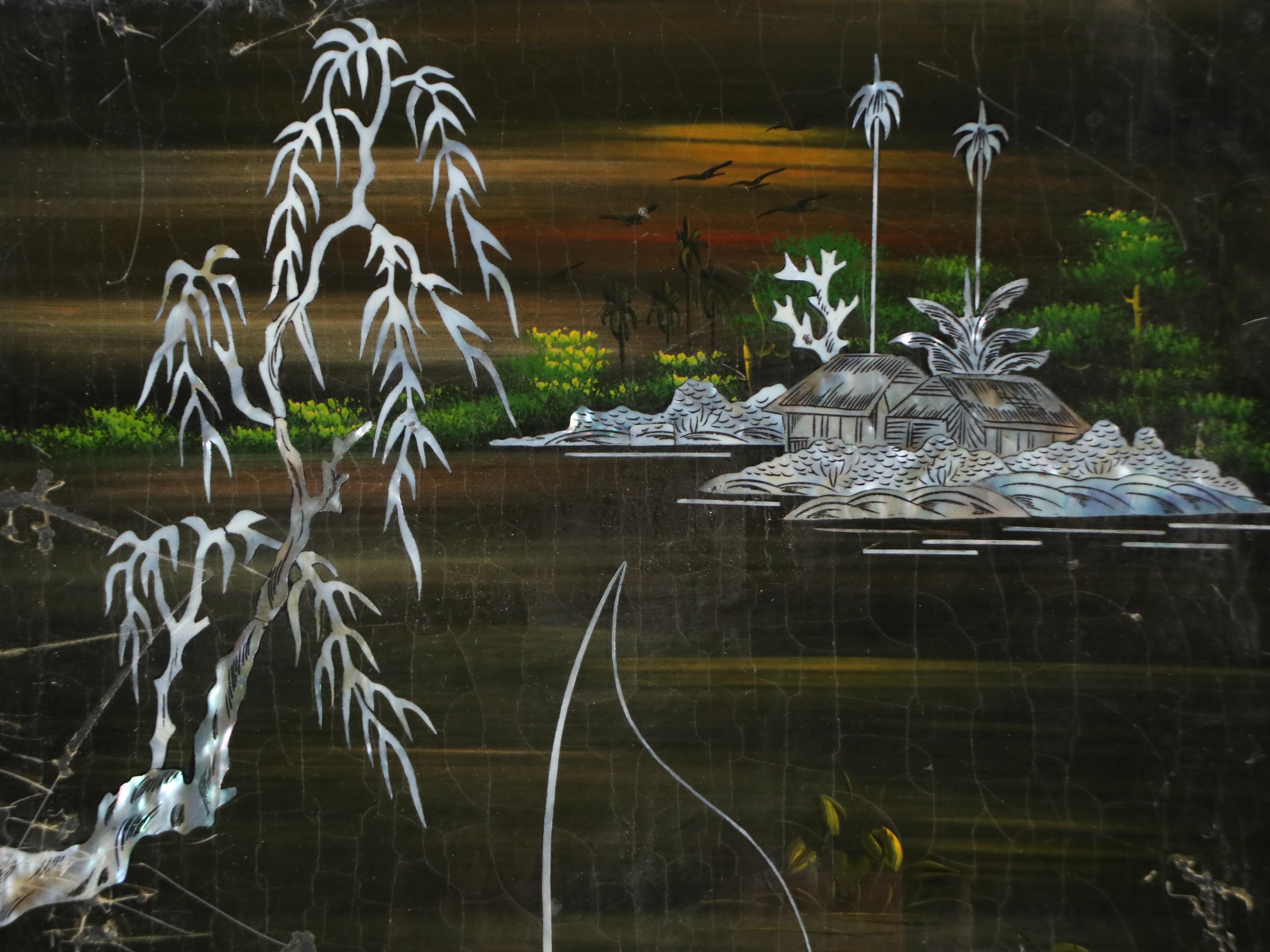 Japanese Abalone Inlaid Lacquerware Plaque Featuring a Fisherman