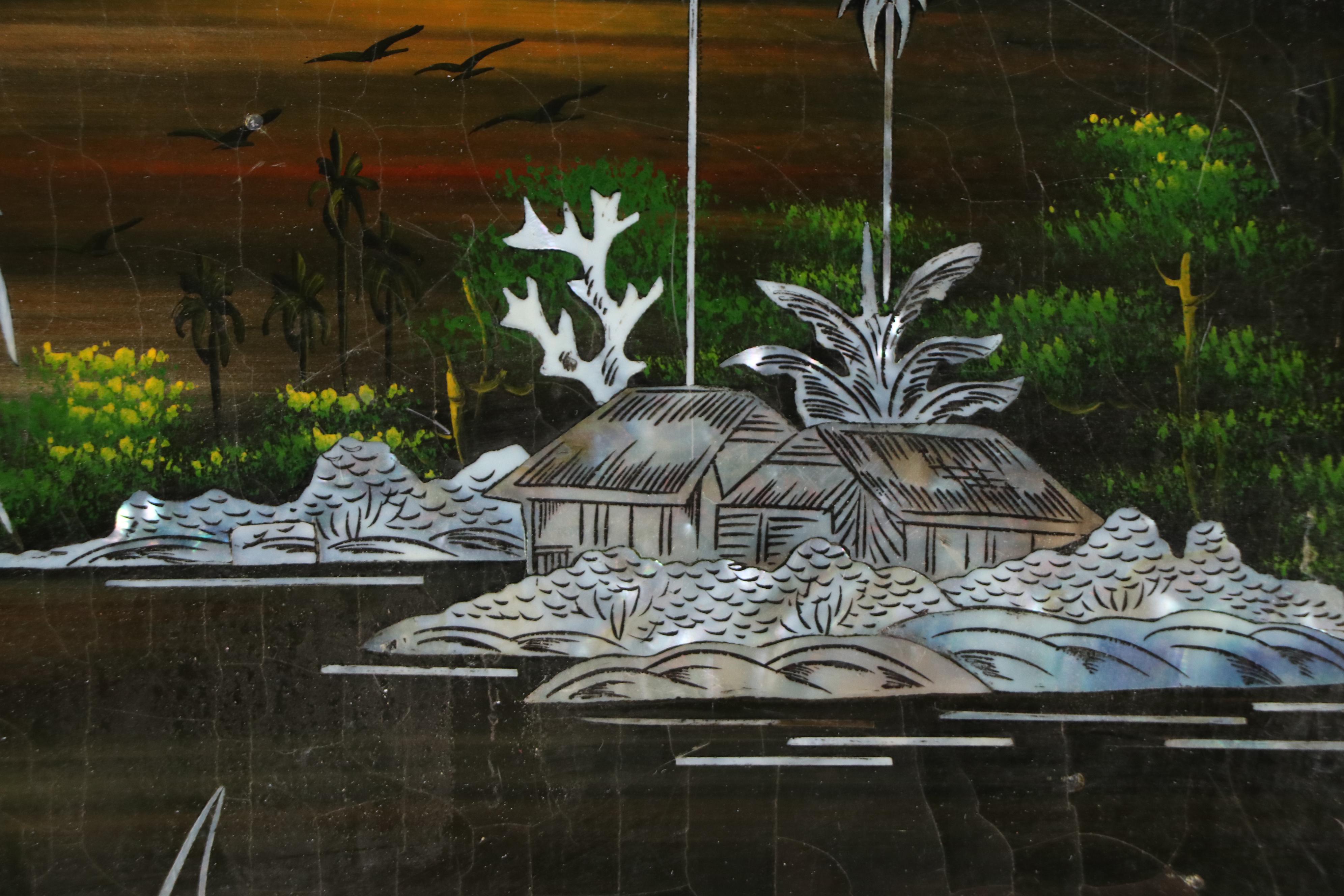 Japanese Abalone Inlaid Lacquerware Plaque Featuring a Fisherman