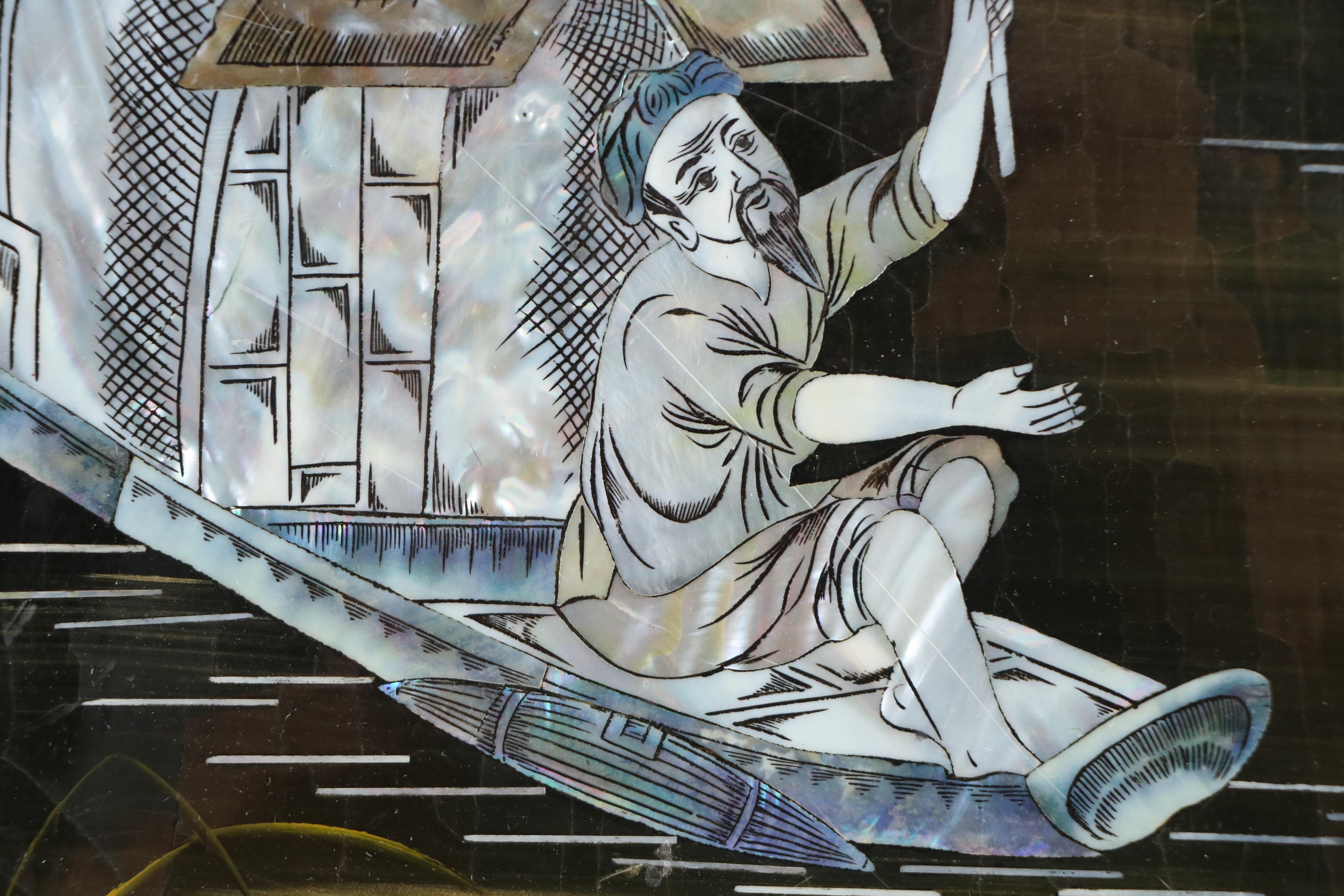 Japanese Abalone Inlaid Lacquerware Plaque Featuring a Fisherman