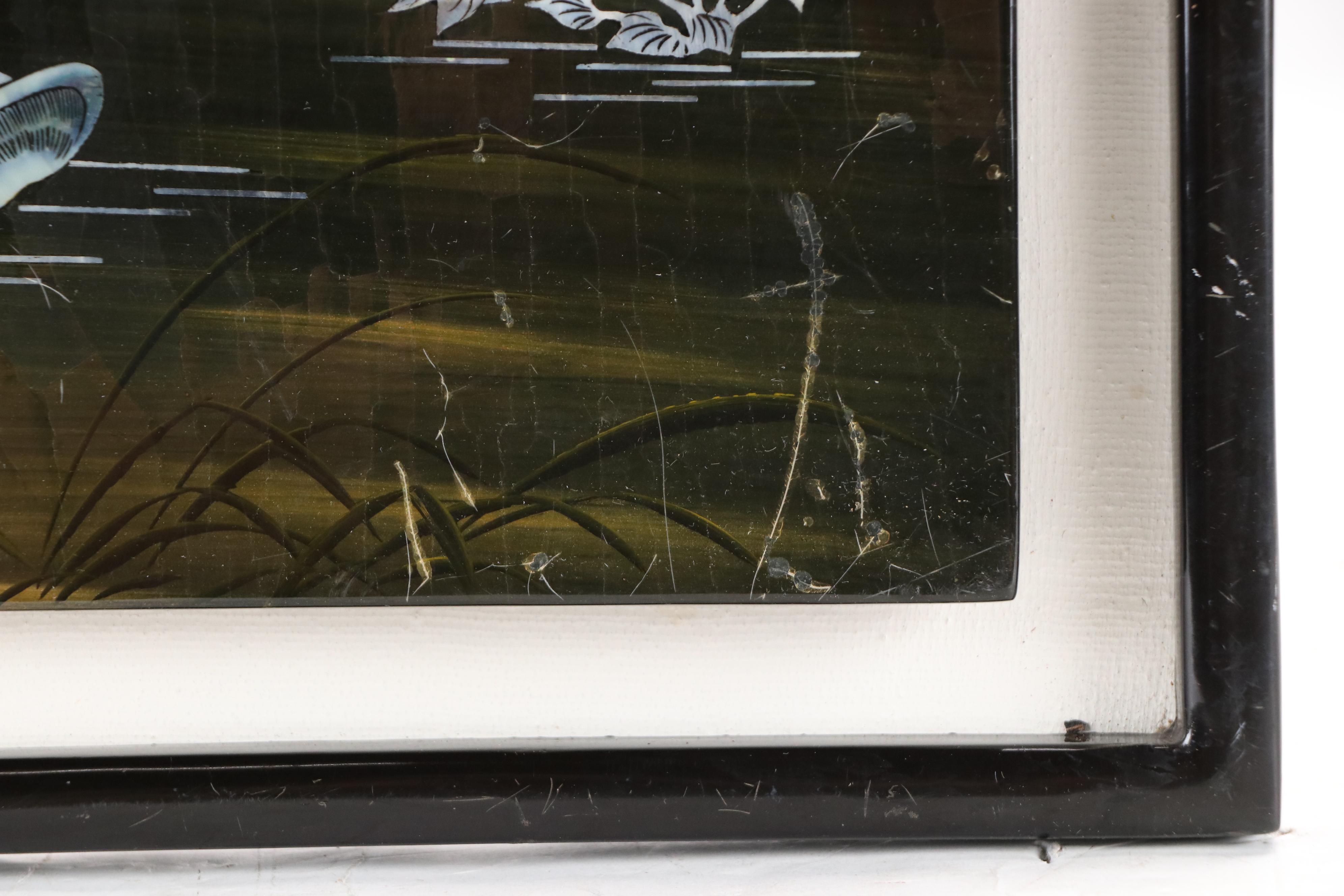 Japanese Abalone Inlaid Lacquerware Plaque Featuring a Fisherman